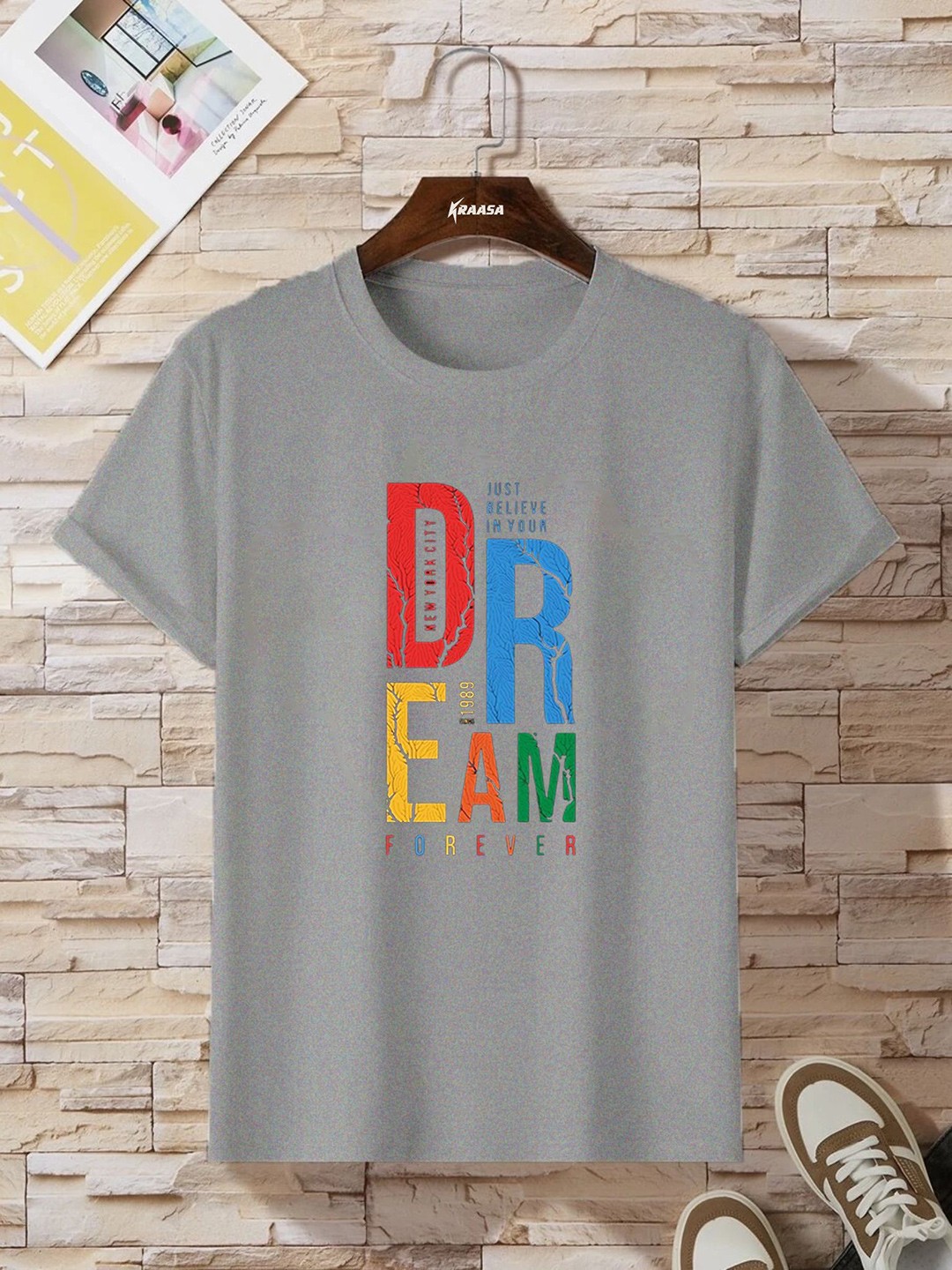 

KRAASA Typography Printed Cotton T-Shirt, Grey