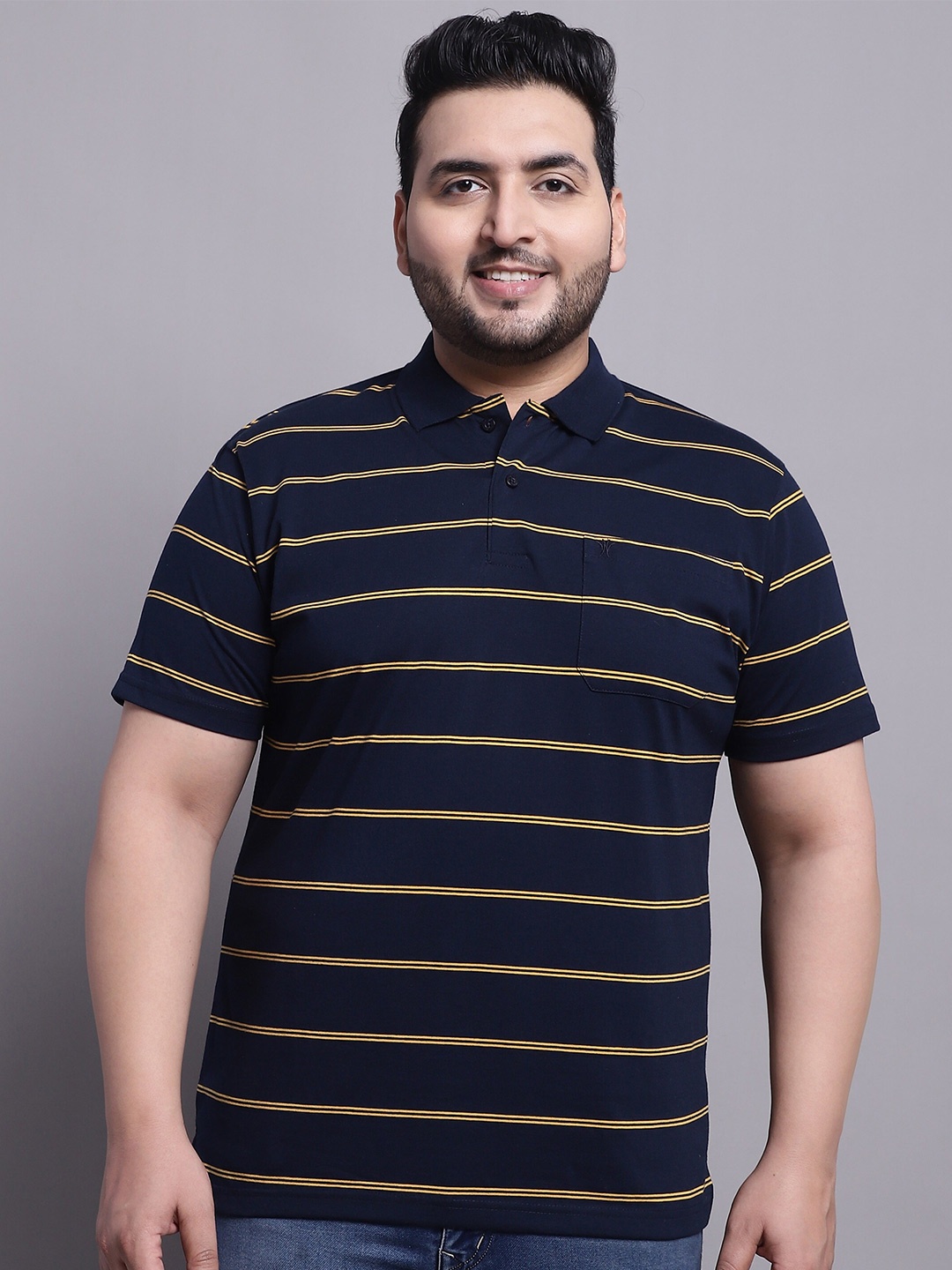 

VENITIAN Striped Polo Collar Cotton Casual T-Shirt, Navy blue