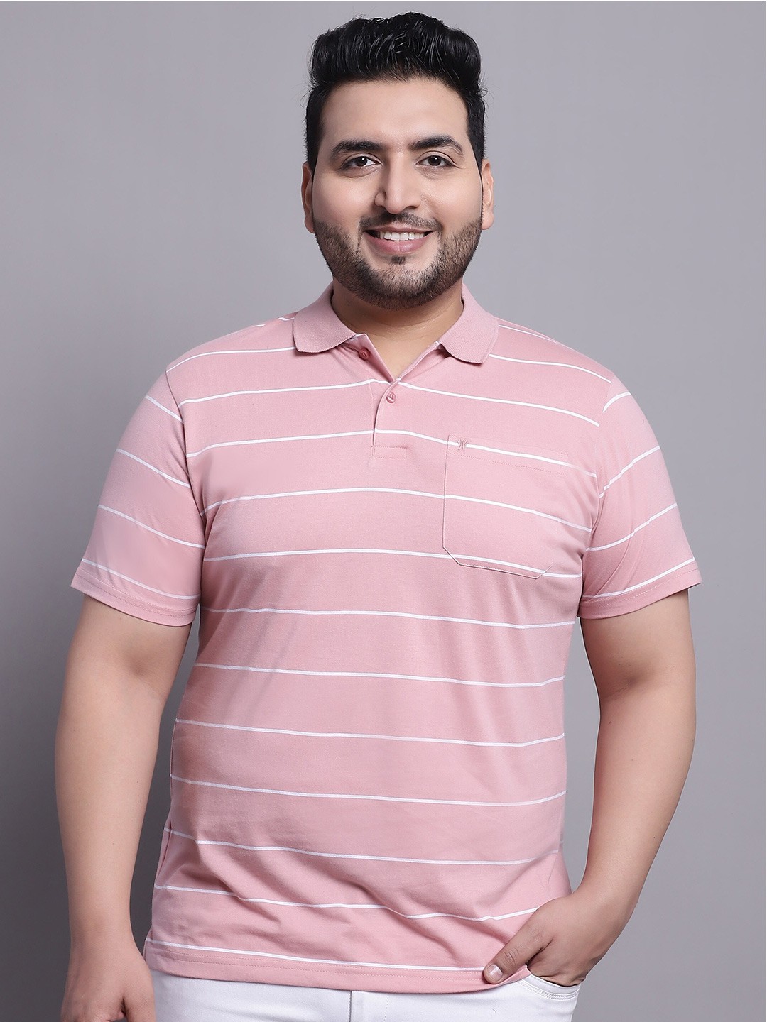 

VENITIAN Striped Polo Collar Cotton Casual T-Shirt, Pink