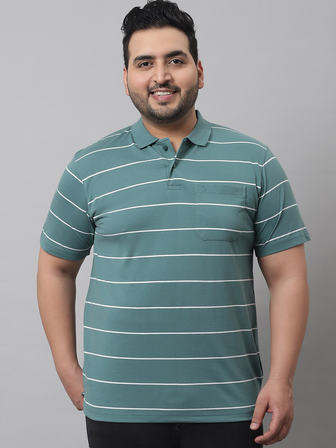

VENITIAN Striped Polo Collar Cotton Casual T-Shirt, Green