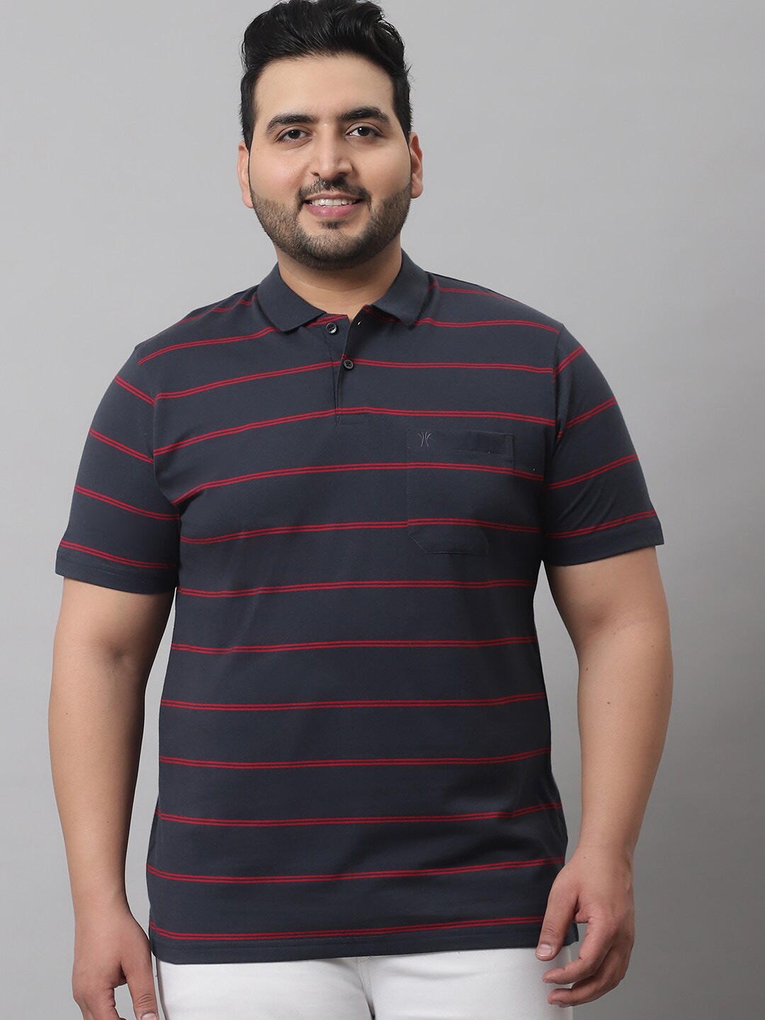 

VENITIAN Striped Polo Collar Cotton Casual T-Shirt, Grey