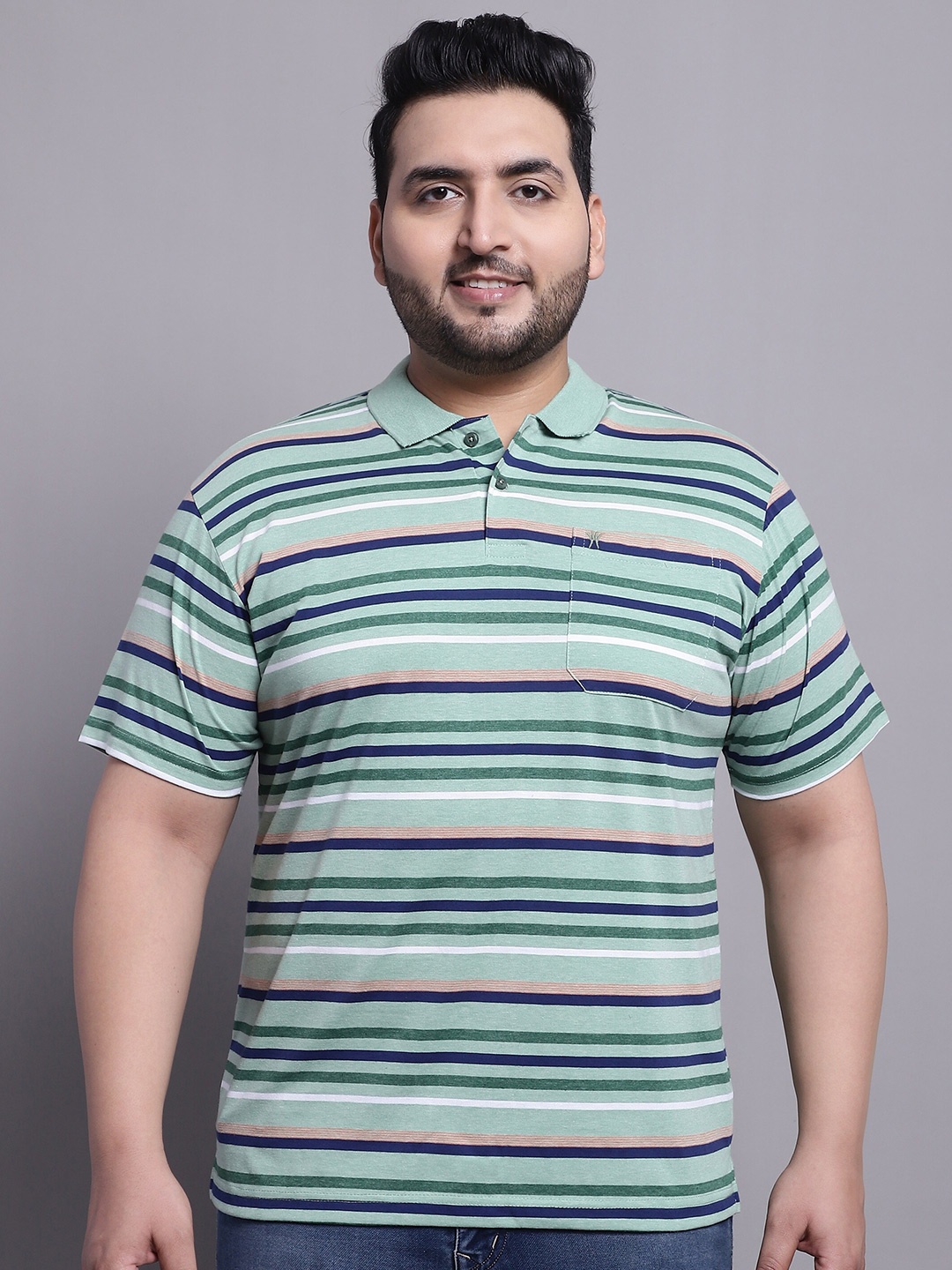 

VENITIAN Striped Polo Collar Cotton Casual T-Shirt, Green