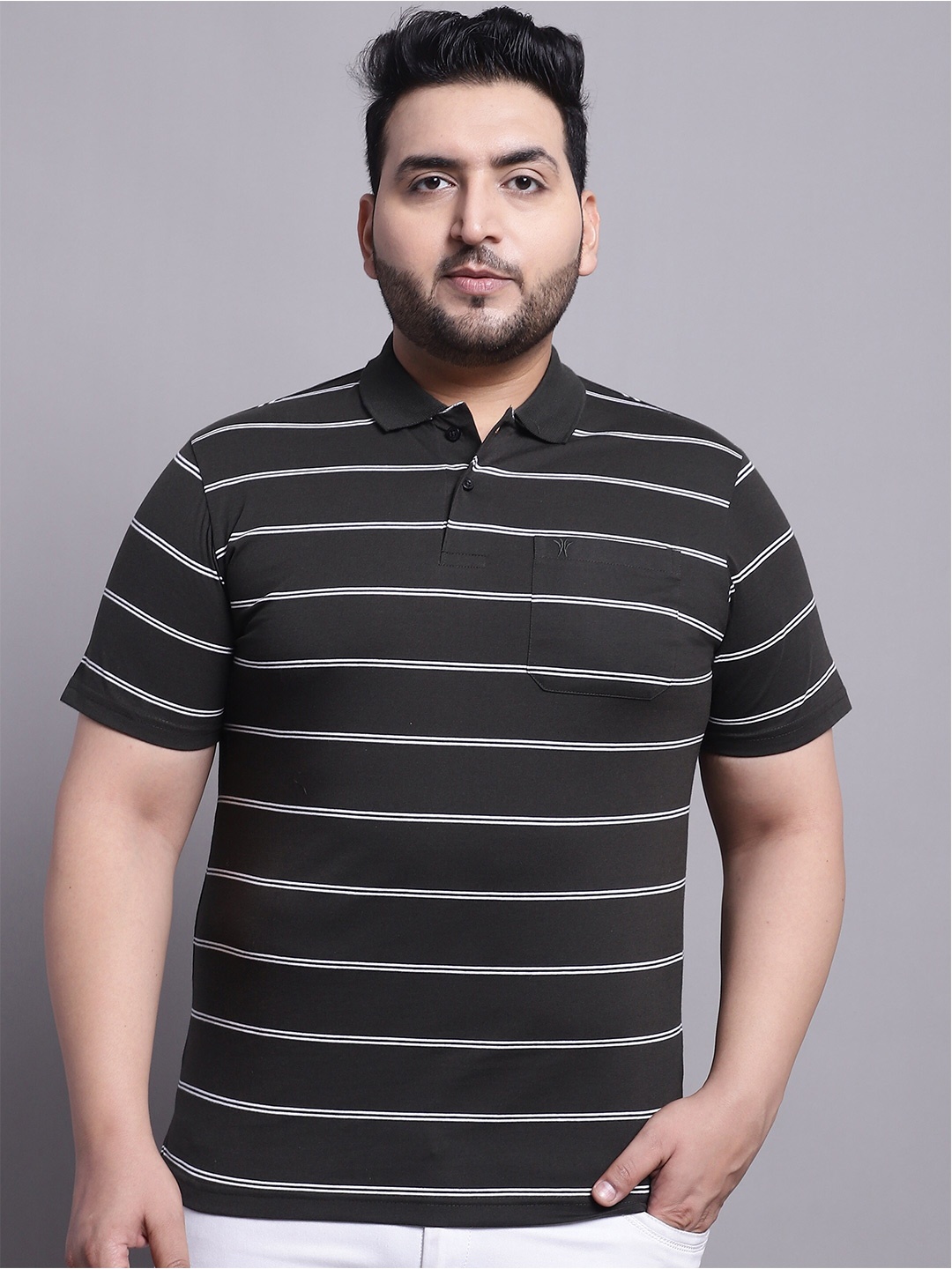 

VENITIAN Striped Polo Collar Cotton Casual T-Shirt, Olive