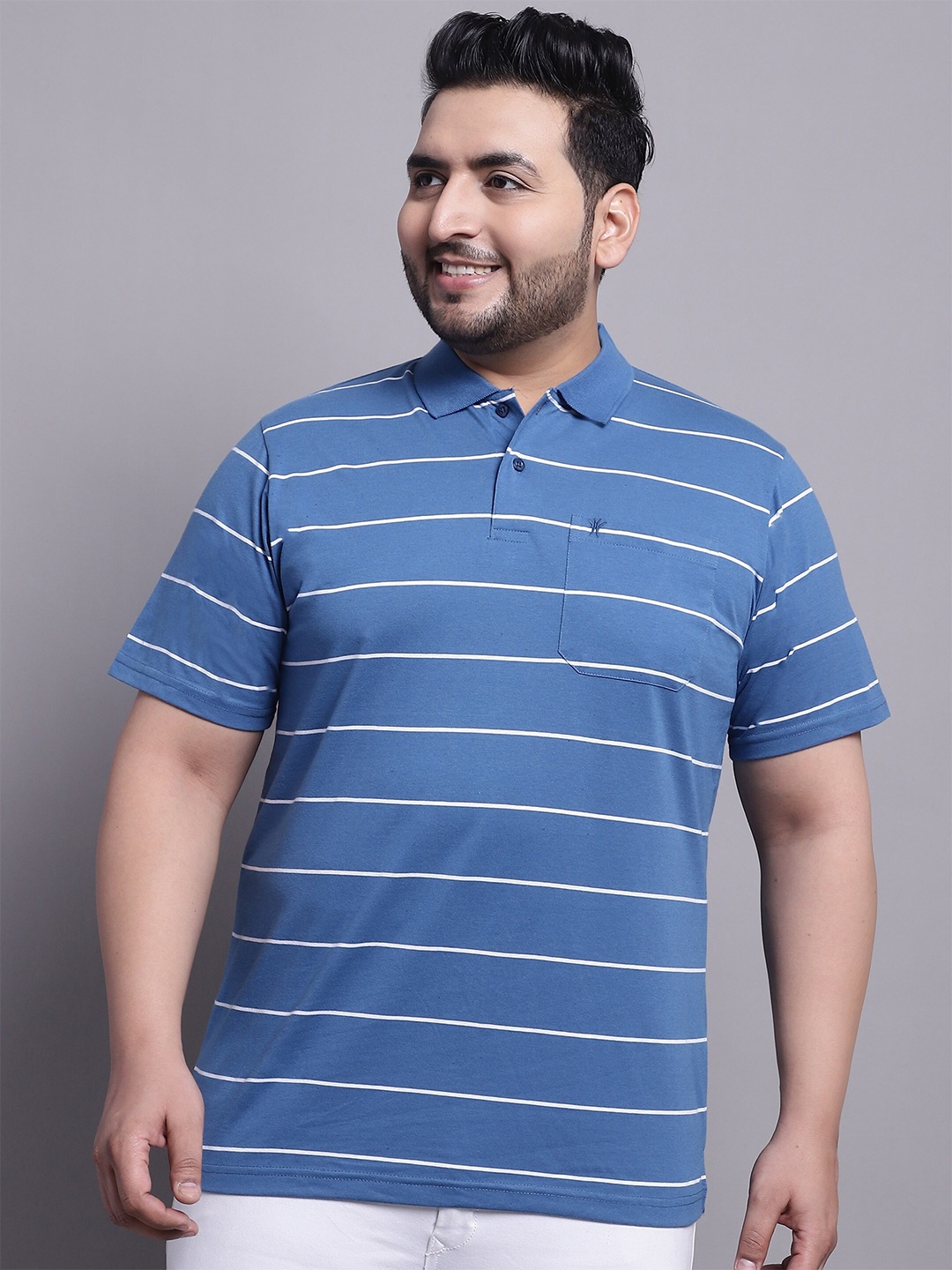 

VENITIAN Striped Polo Collar Oversize Cotton T-Shirt, Blue