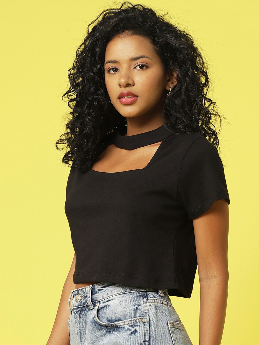 

Rigo Choker Neck Cotton Crop Top, Black