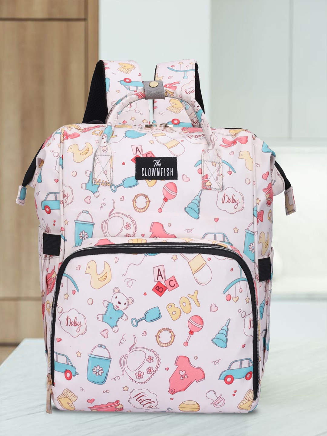 

THE CLOWNFISH Baby On Board Printed Lightweight Diaper Bag, Cream