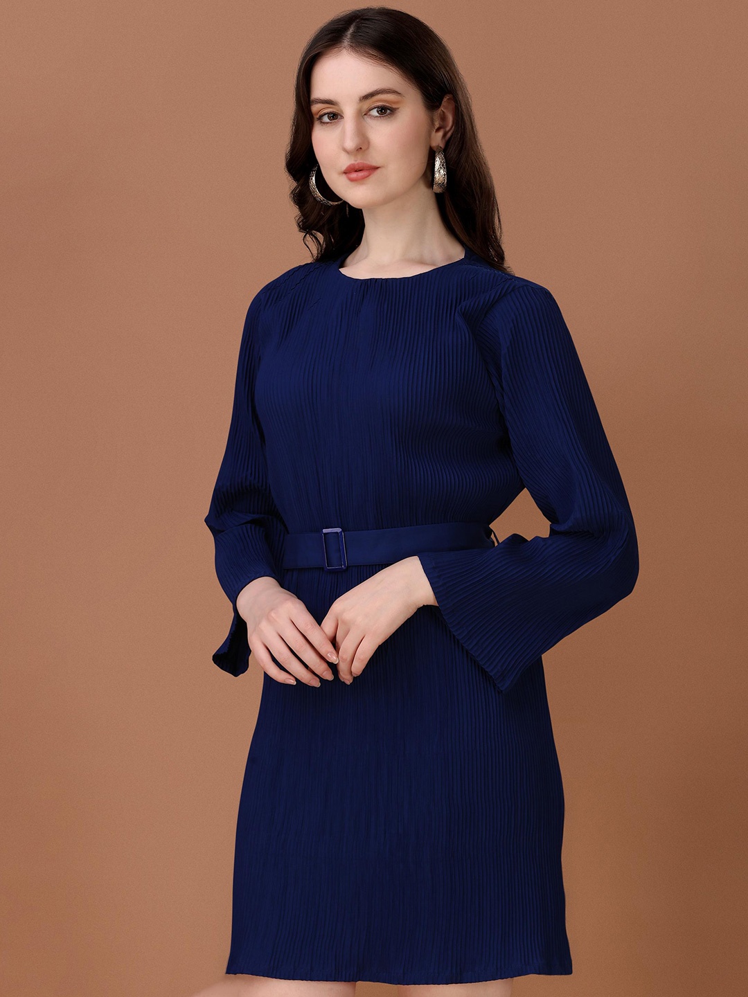 

Urban Luxe Accordion Pleats Detailed Sheath Dress With Belt, Blue