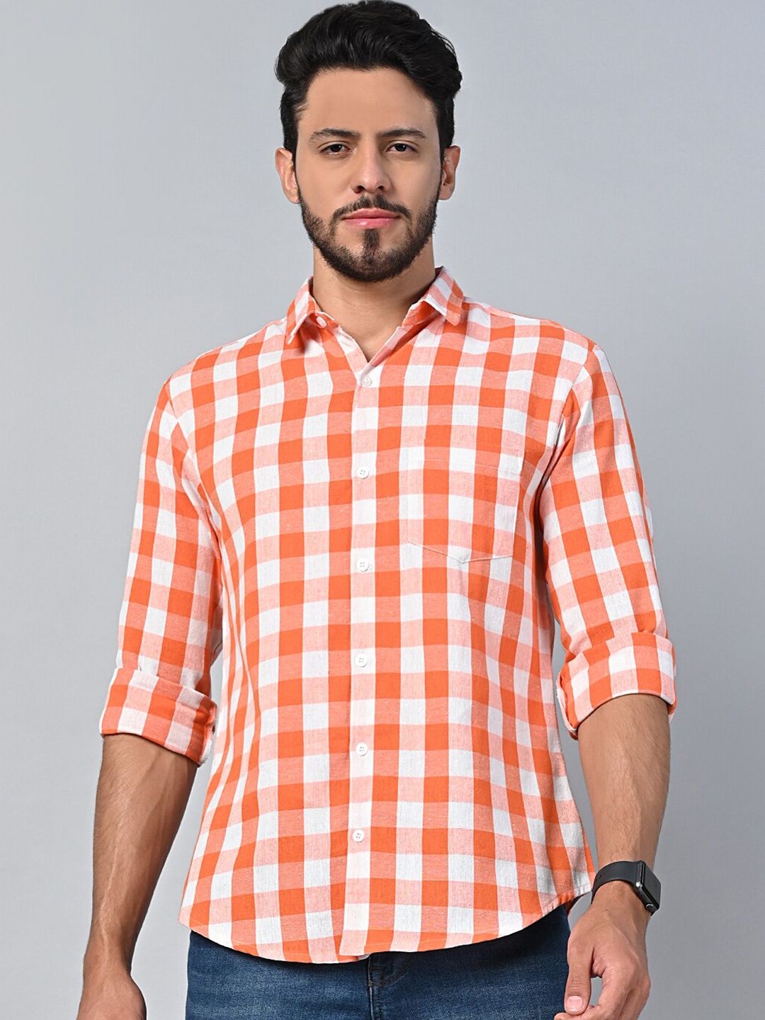 

Vastraa Fusion Comfort Gingham Checked Pure CottonCasual Shirt, Orange