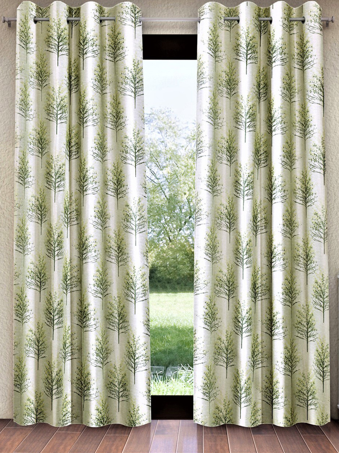 

Home Sizzler Green & White 2 Pieces Floral Long Door Curtains