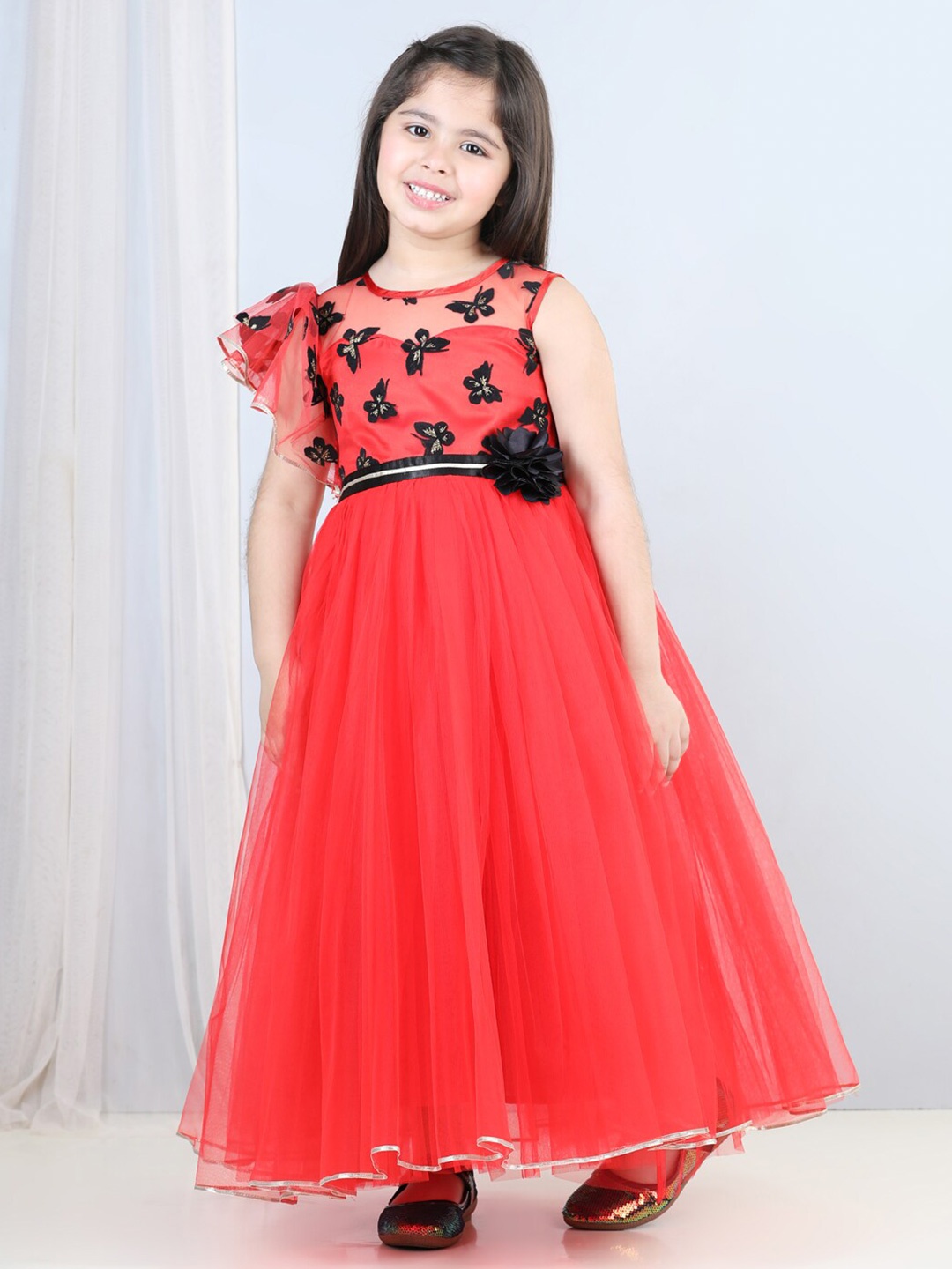 

Toy Balloon kids Girls Flutter Sleeve Embellished & Applique Tulle Gown, Red
