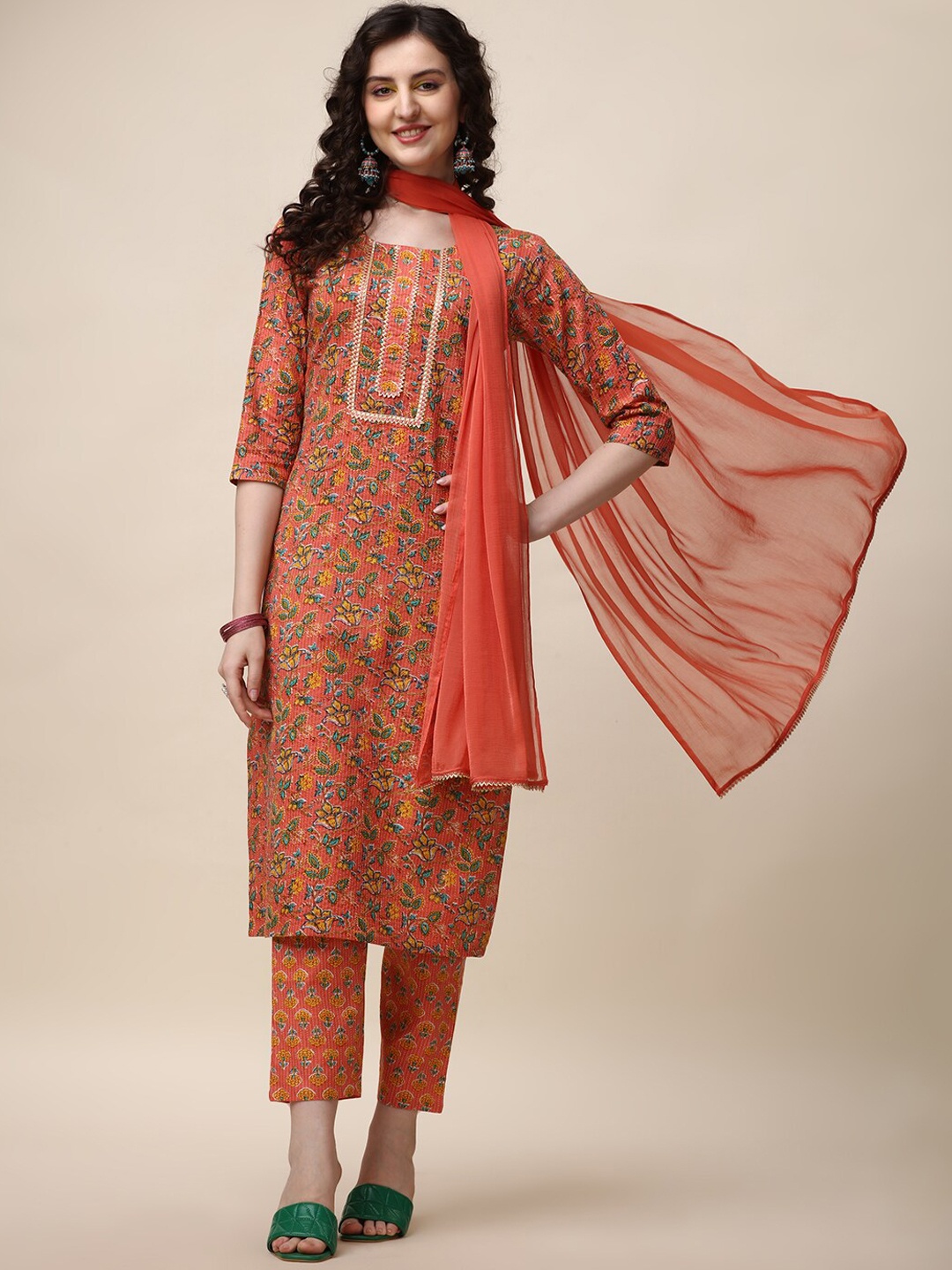 

Berrylicious Floral Printed Regular Kantha Work Kurta with Trousers & Dupatta, Orange