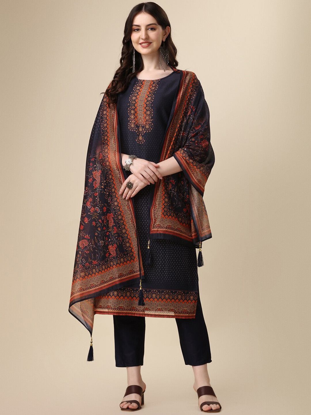 

Berrylicious Ethnic Motifs Printed Chanderi Cotton Kurta with Trousers & Dupatta, Navy blue