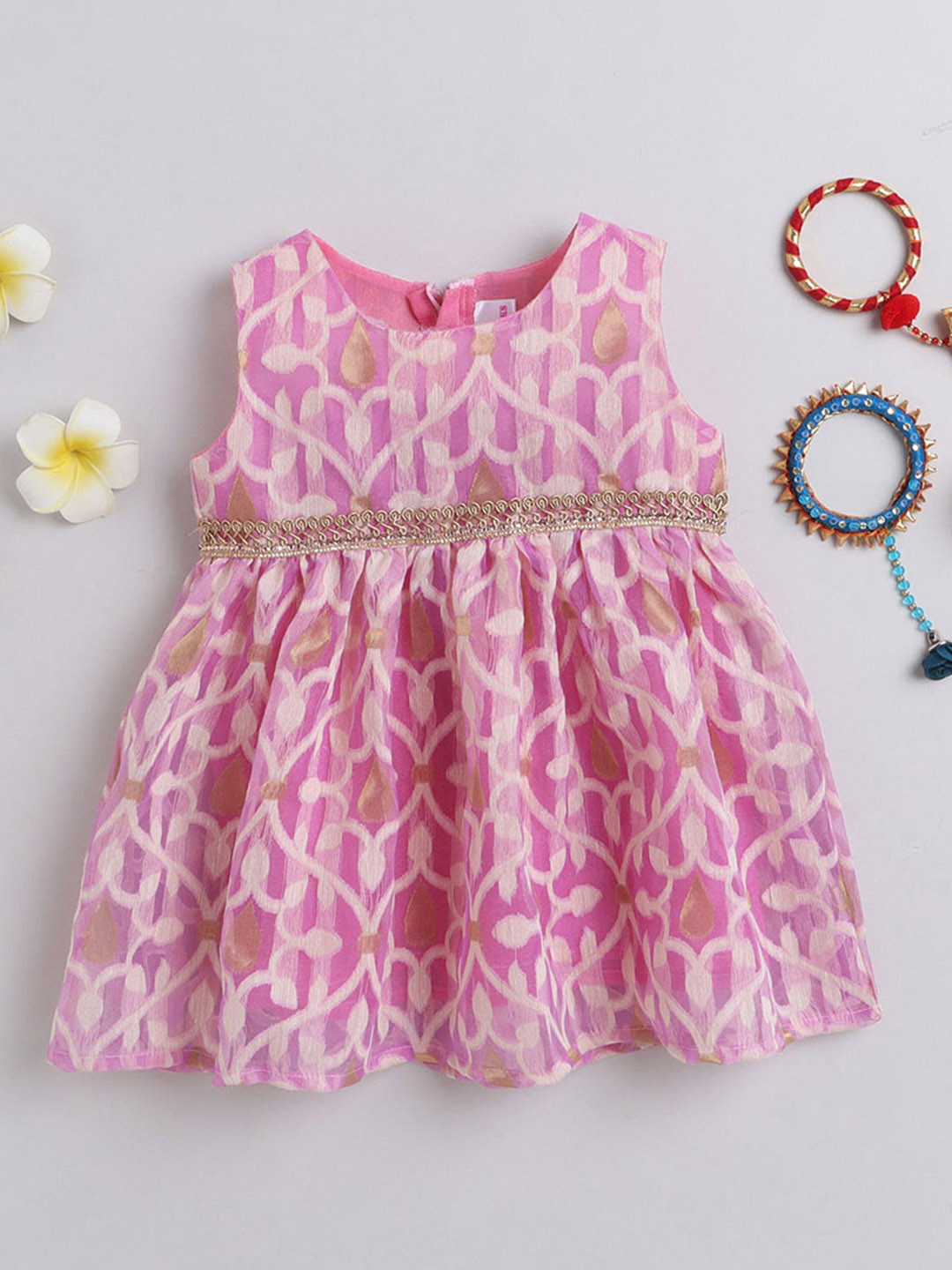

MANY FROCKS & Girls Self Design Embellished Cotton Fit & Flare Dress, Pink