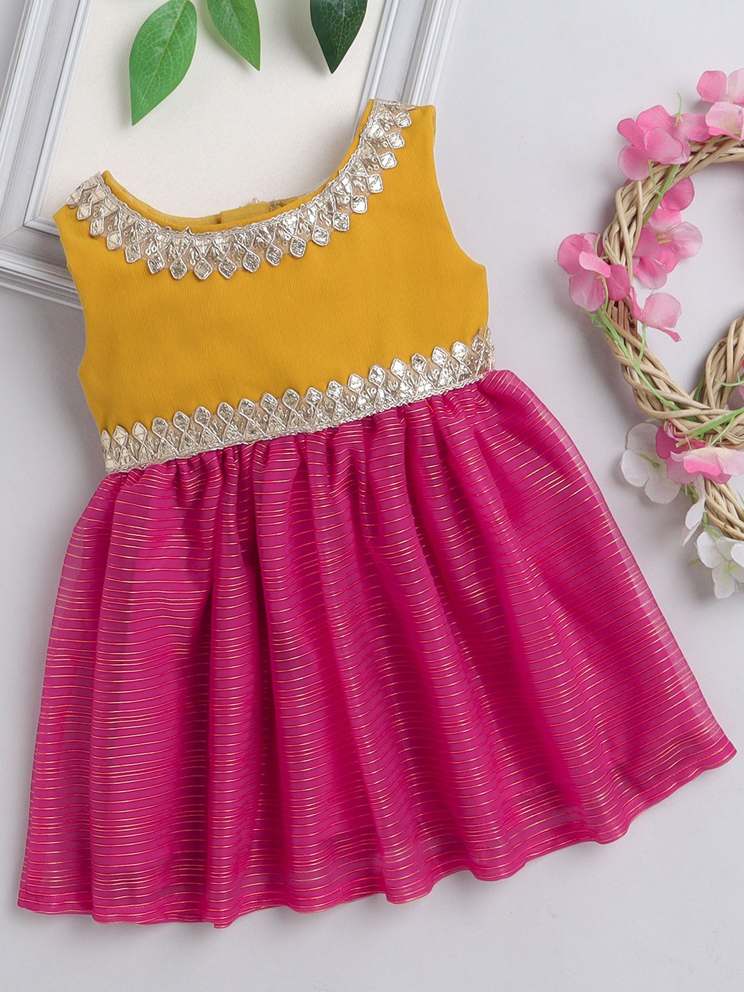 

MANY FROCKS & Girls Striped Embellished Sleeveless Fit & Flare Dress, Pink