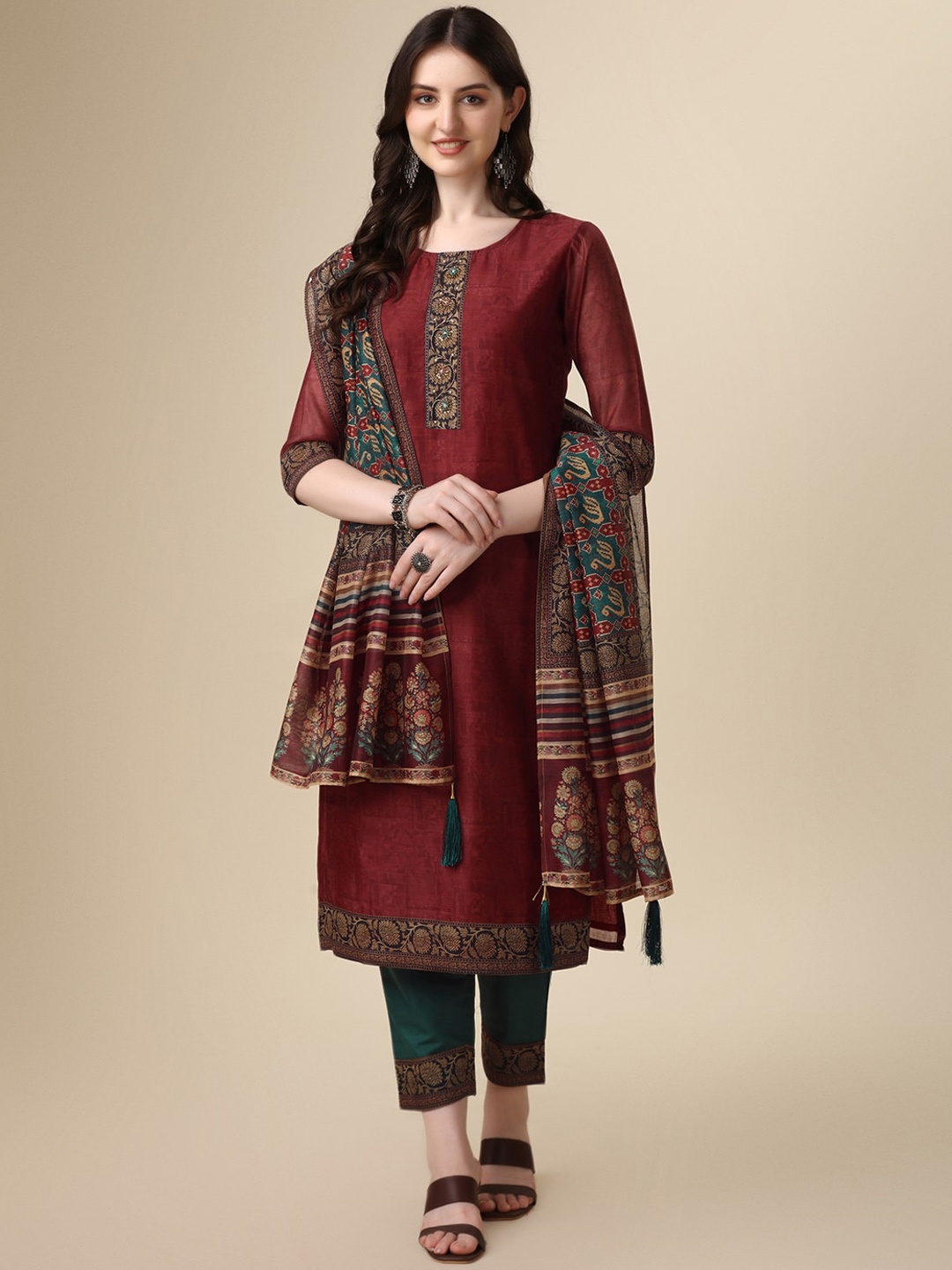 

Berrylicious Ethnic Motifs Yoke Design Chanderi Cotton Kurta with Trousers & Dupatta, Maroon