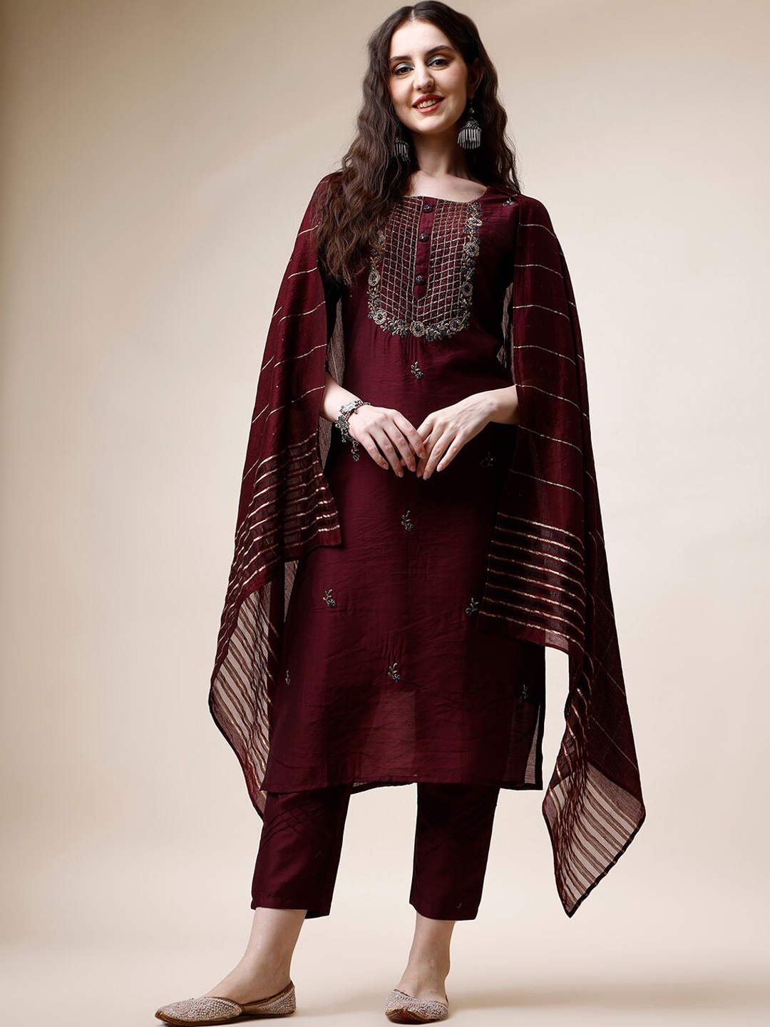 

Berrylicious Embroidered Thread Work Chanderi Cotton Kurta with Trousers & With Dupatta, Maroon