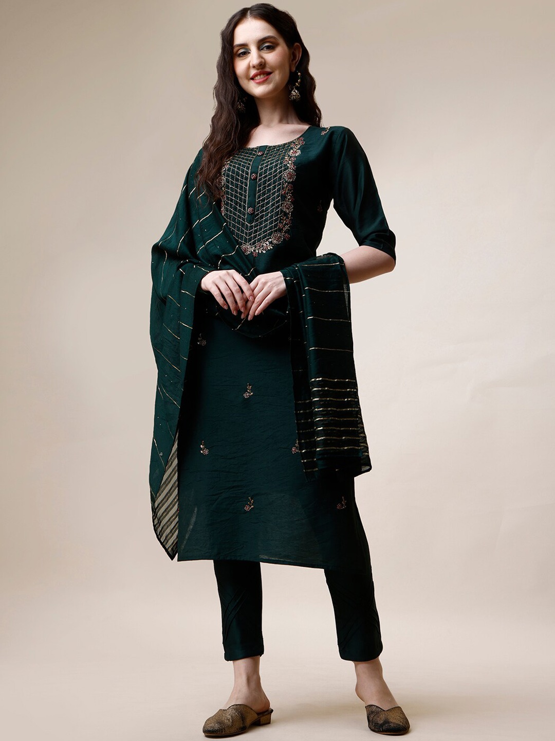 

Berrylicious Ethnic Motifs Embroidered Chanderi Cotton Kurta with Trousers & Dupatta, Green