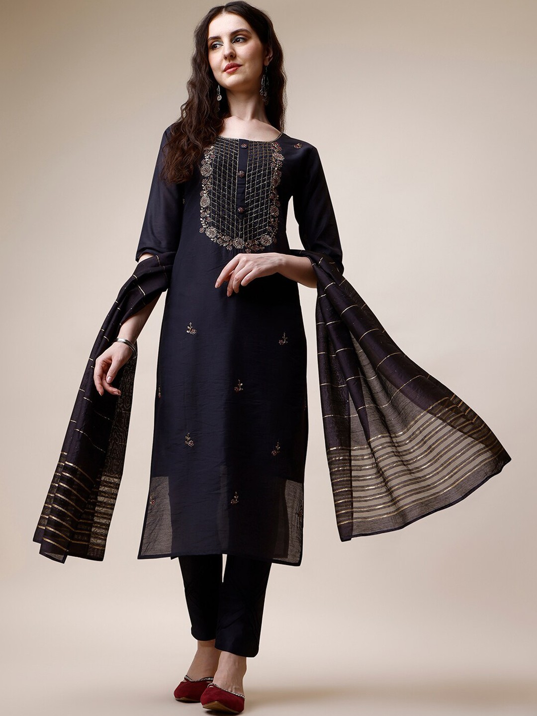 

Berrylicious Ethnic Motifs Embroidered Chanderi Cotton Kurta with Trousers & Dupatta, Grey