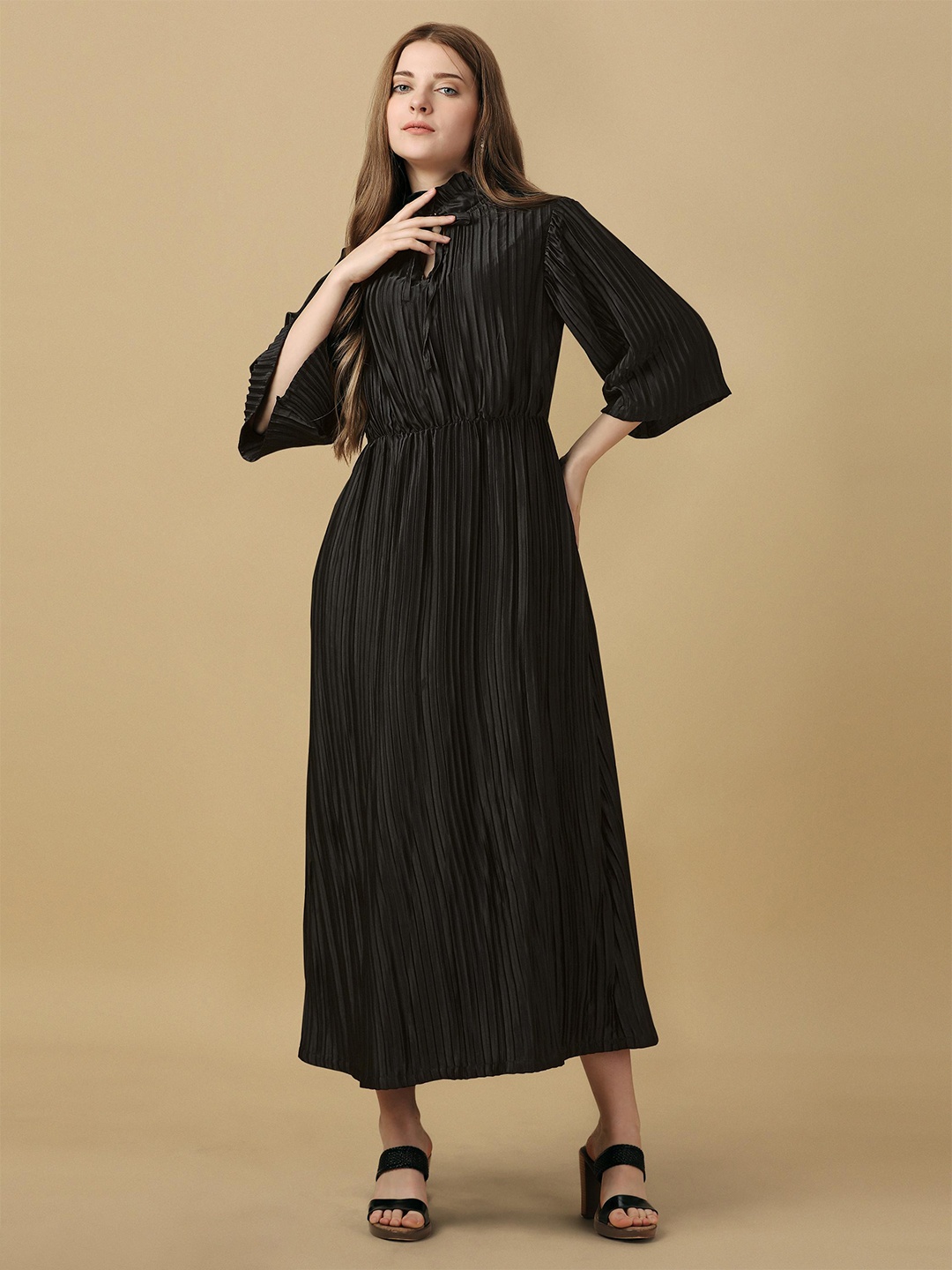 

Urban Luxe Accordion Pleated Tie-Up Neck Fit & Flare Maxi Dress, Black