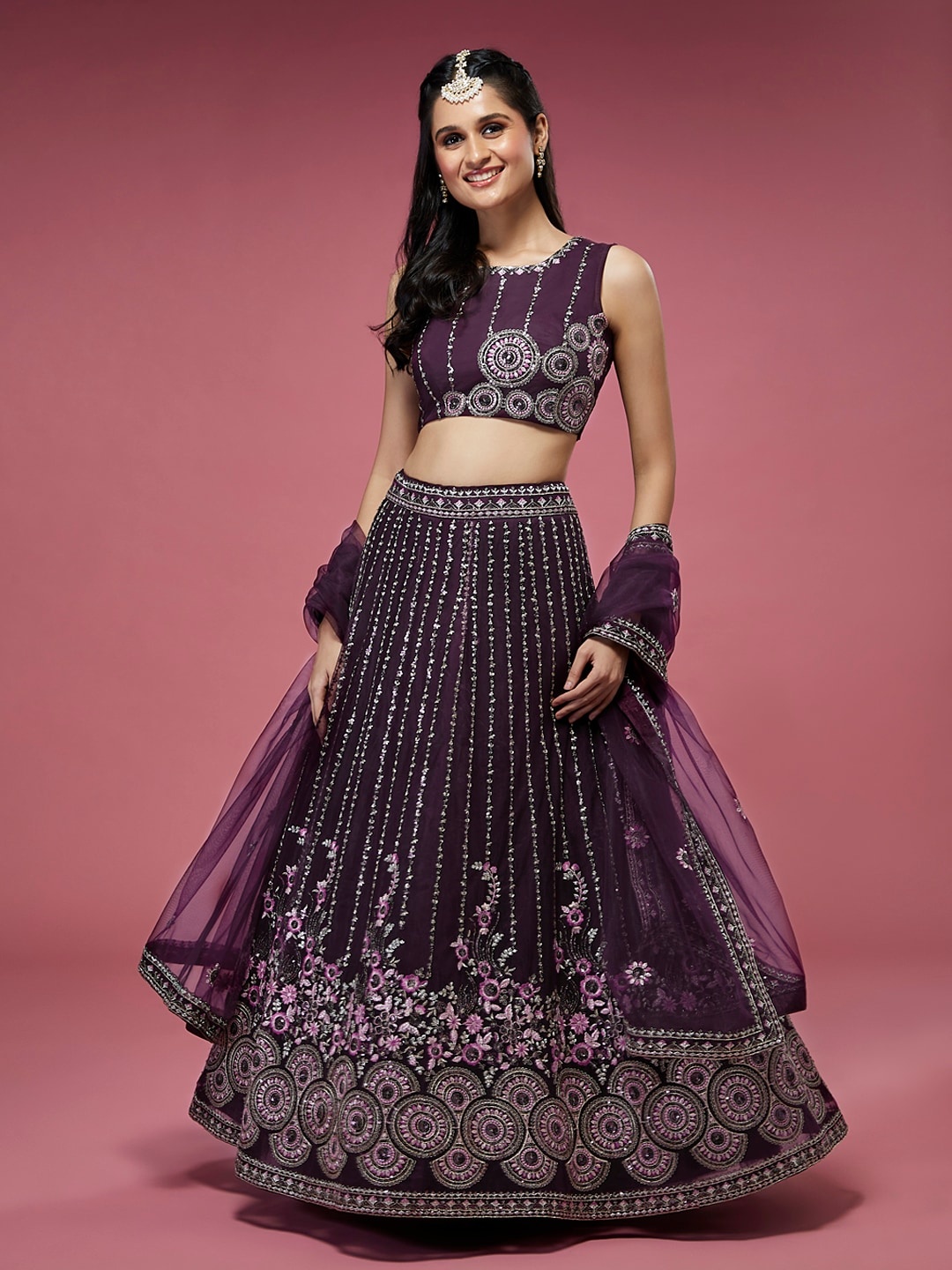 

panchhi Embroidered Semi-Stitched Lehenga & Blouse With Dupatta, Burgundy