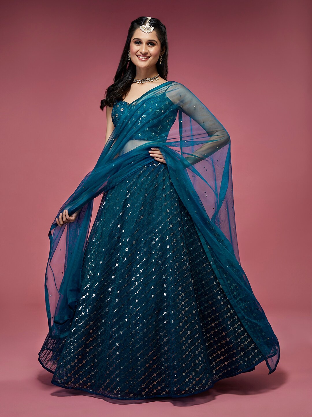 

panchhi Sequinned Embellished Semi-Stitched Lehenga & Unstitched Blouse With Dupatta, Teal