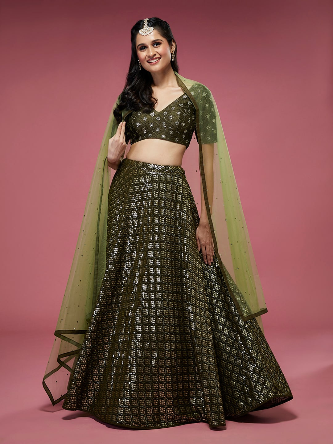 

panchhi Embellished Semi-Stitched Lehenga & Unstitched Blouse With Dupatta, Olive