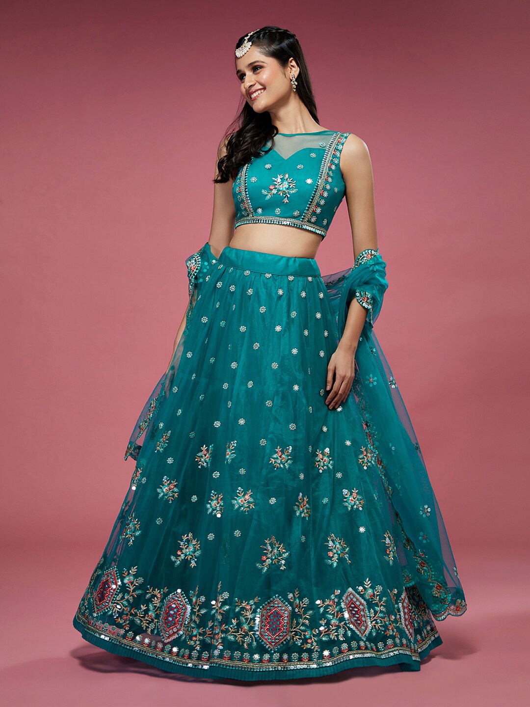 

panchhi Embellished Semi-Stitched Lehenga & Unstitched Blouse With Dupatta, Sea green