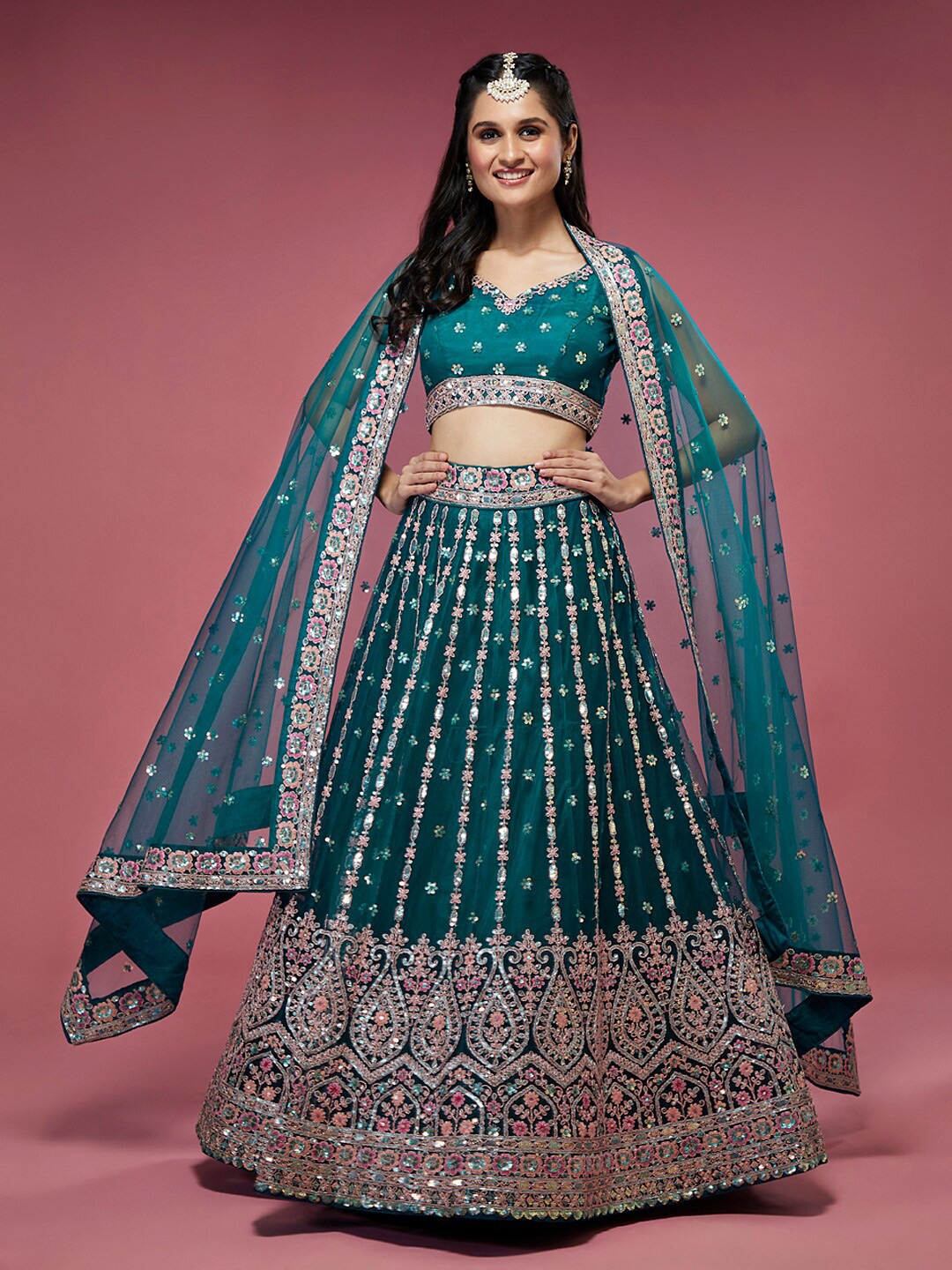 

panchhi Embellished Semi-Stitched Lehenga & Unstitched Blouse With Dupatta, Green