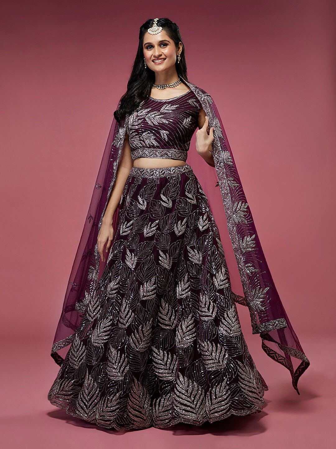 

panchhi Embellished Semi-Stitched Lehenga & Unstitched Blouse With Dupatta, Burgundy