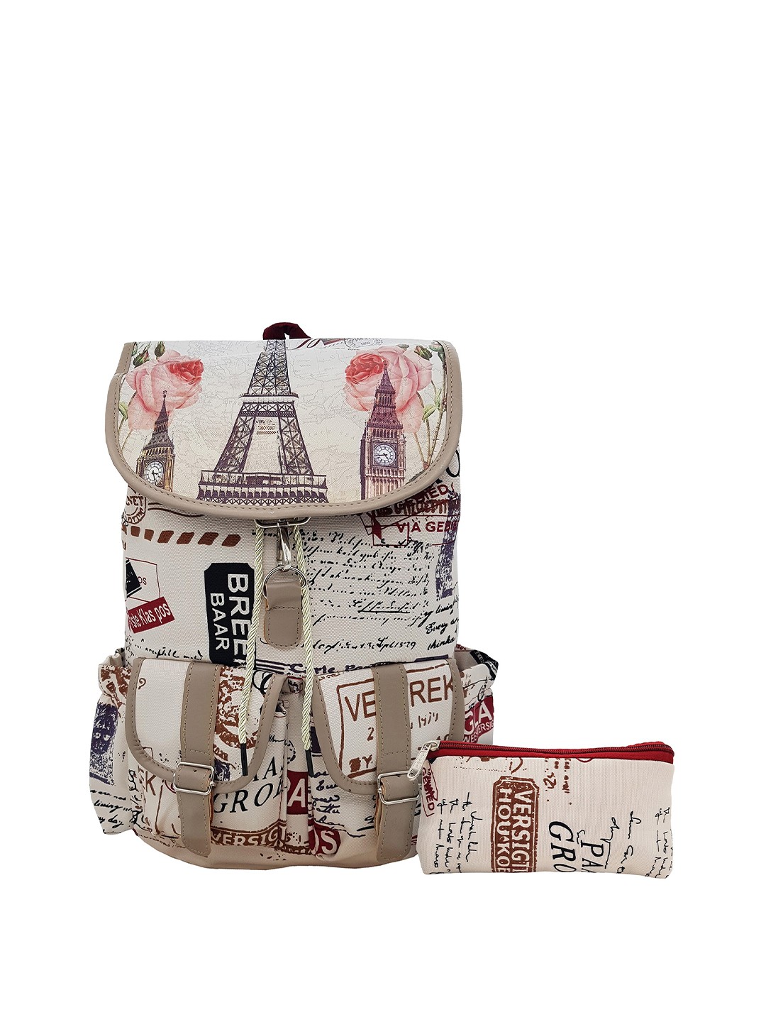 

JENNA Women Typgraphy Printed Backpack with Pouch, Beige