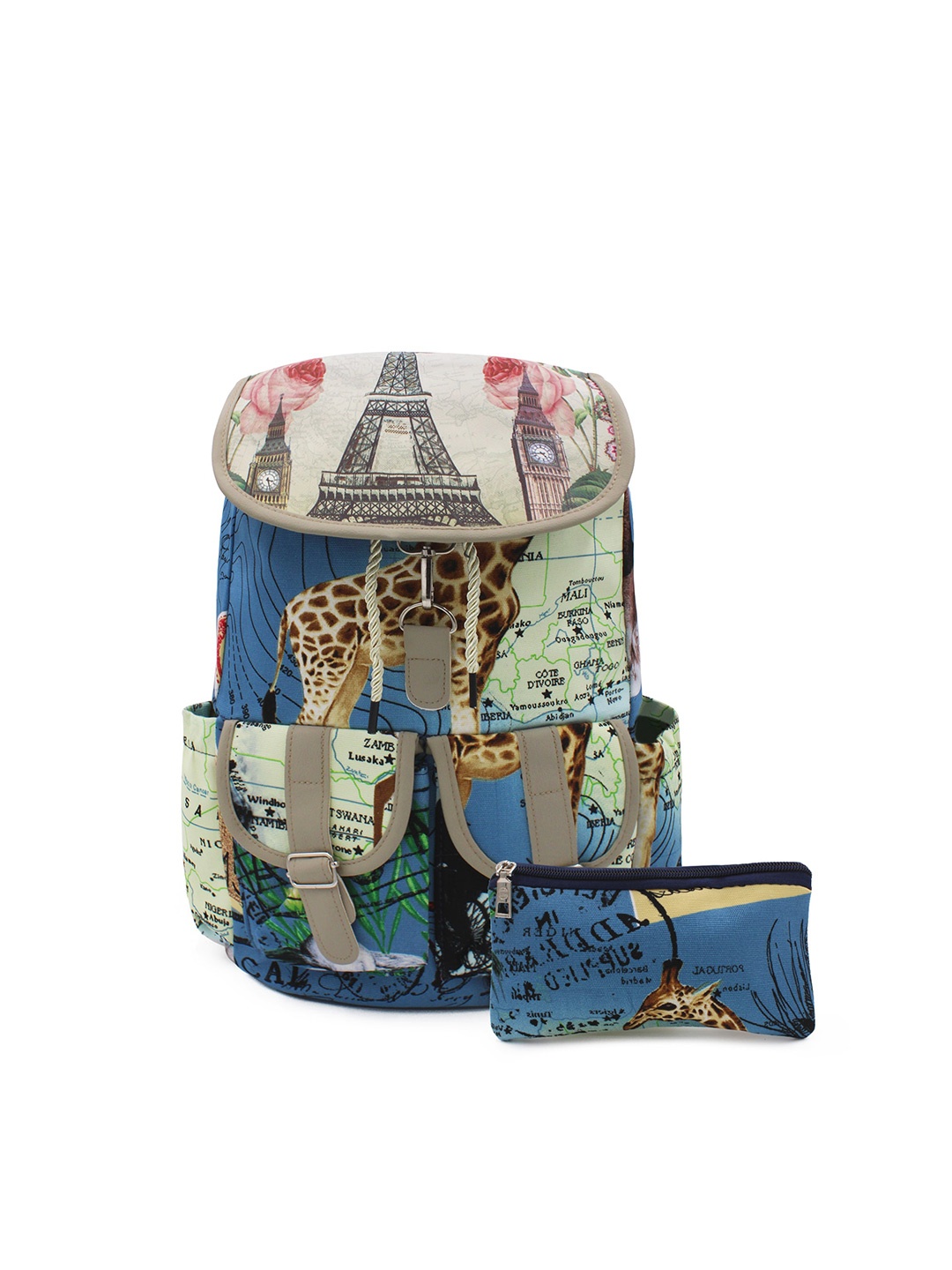

JENNA Women Graphic Printed Backpack with Pouch, Blue