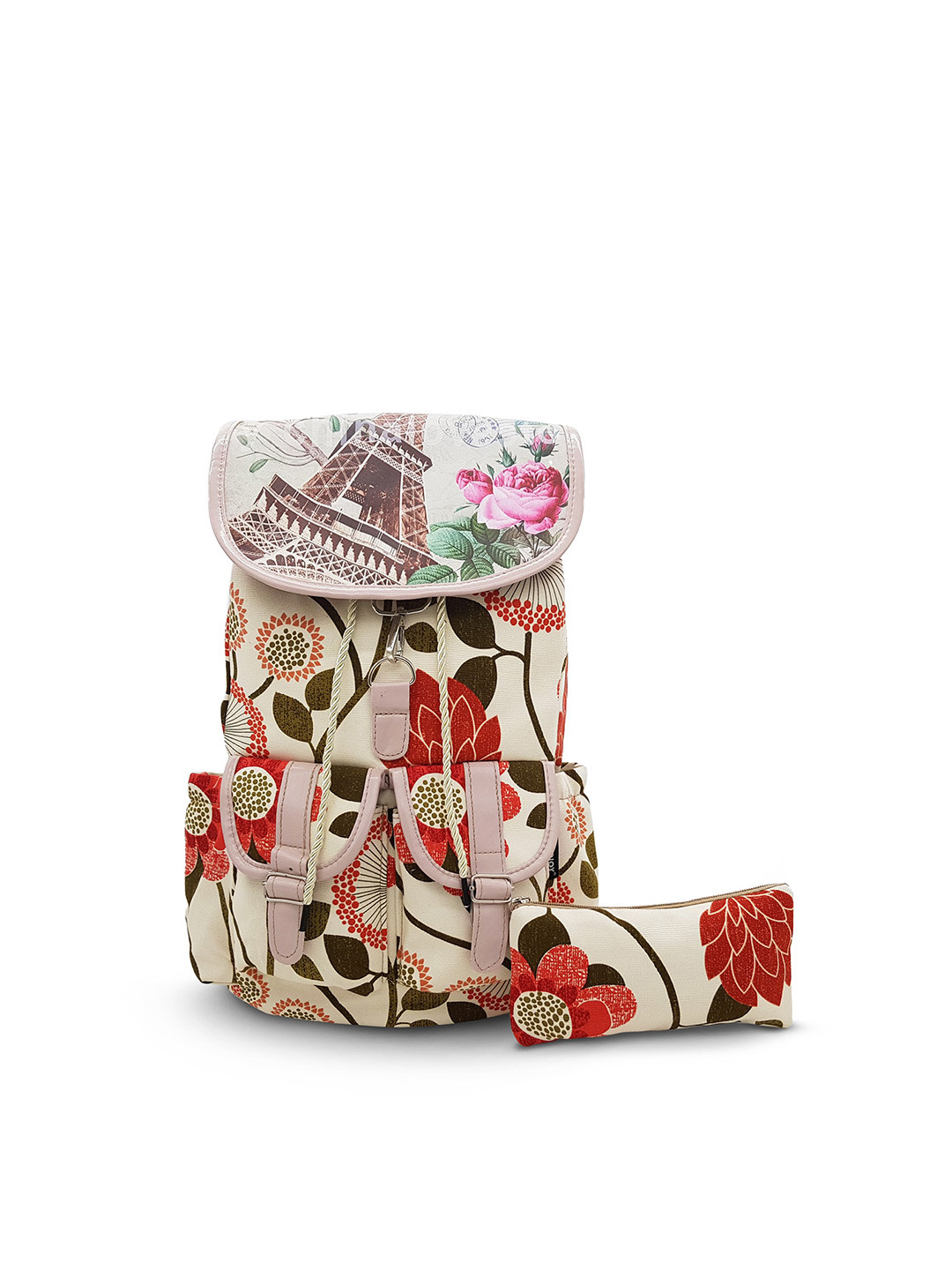 

JENNA Women Floral Printed Backpack with Pouch, Cream