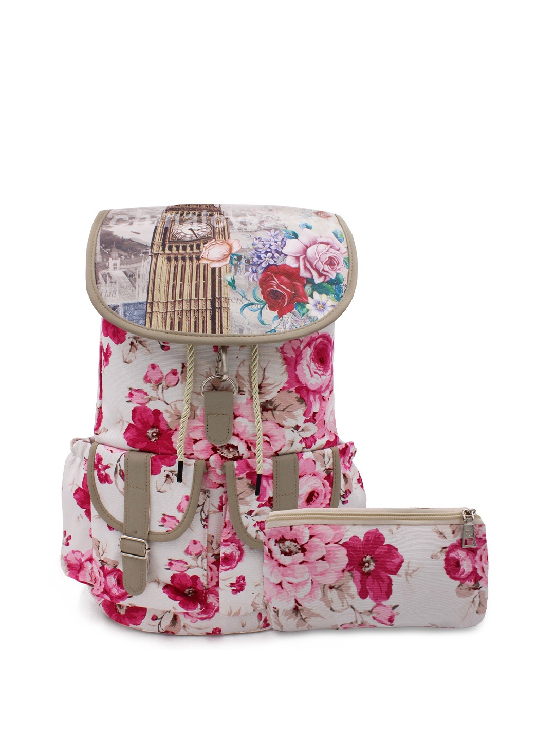 

JENNA Women Floral Printed Backpack with Pouch, Cream