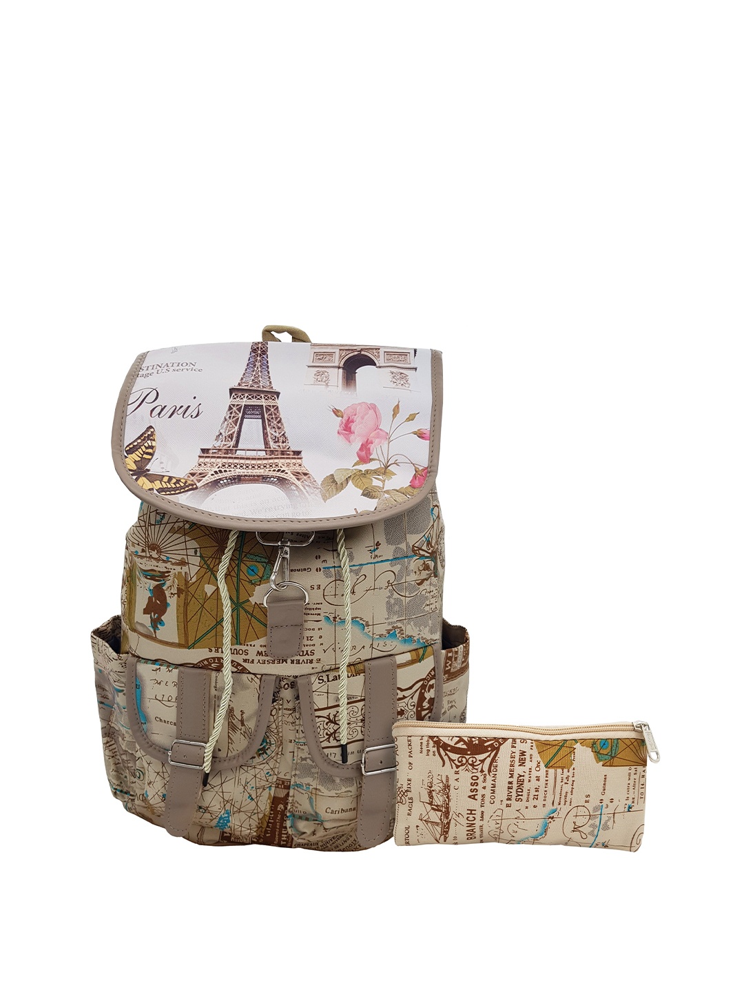 

JENNA Women Graphic Printed Backpack with Pouch, Cream