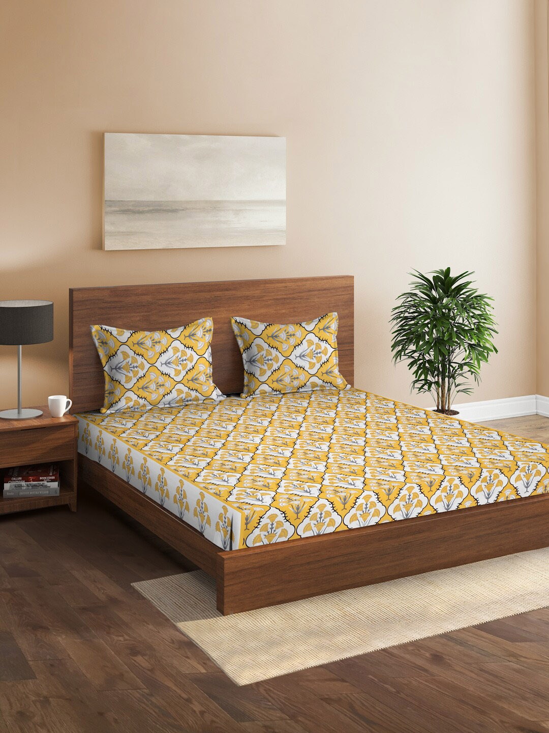 

Sangria Yellow & White Floral Printed 160 TC King Bedsheet & 2 Pillow Covers