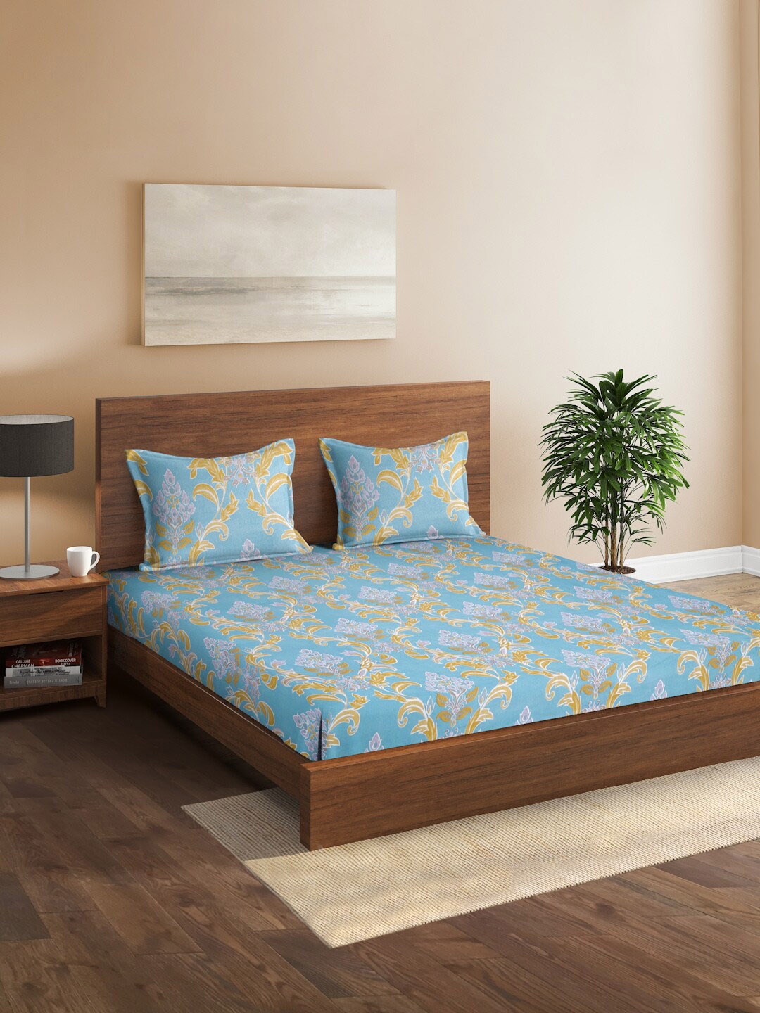 

Sangria Blue & Brown Floral Printed 160TC King Bedsheet & 2 Pillow Covers