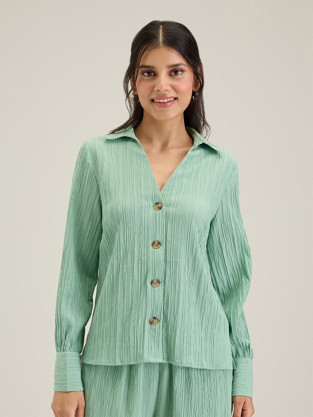 

20Dresses Green Striped Shirt Style Top