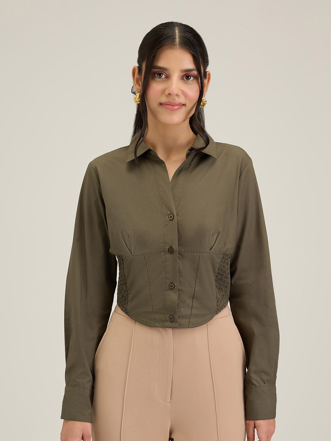 

20Dresses Olive Green Comfort Spread Collar Pure Cotton Formal Shirt