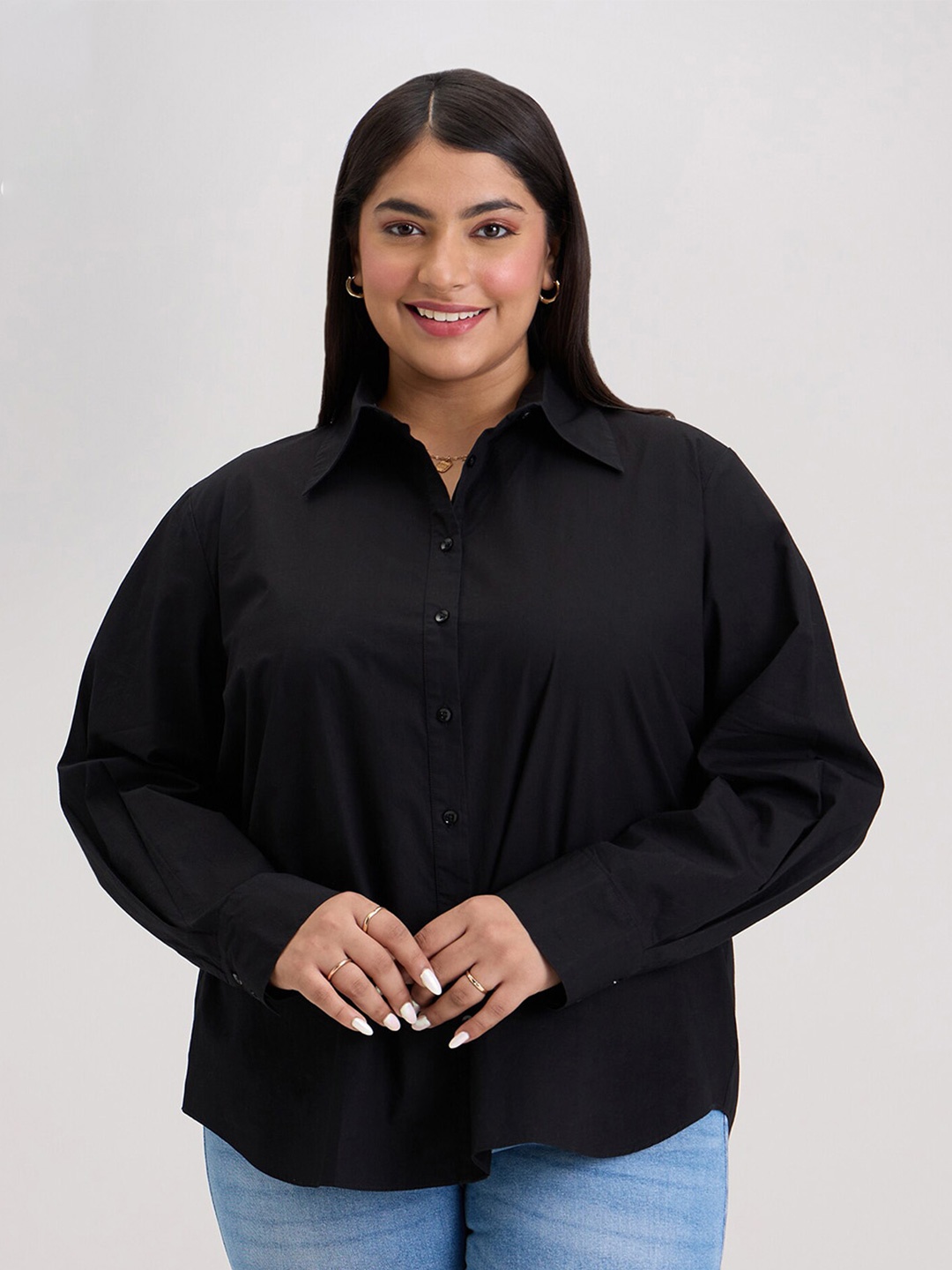 

20Dresses Black Comfort Spread Collar Pure Cotton Shirt