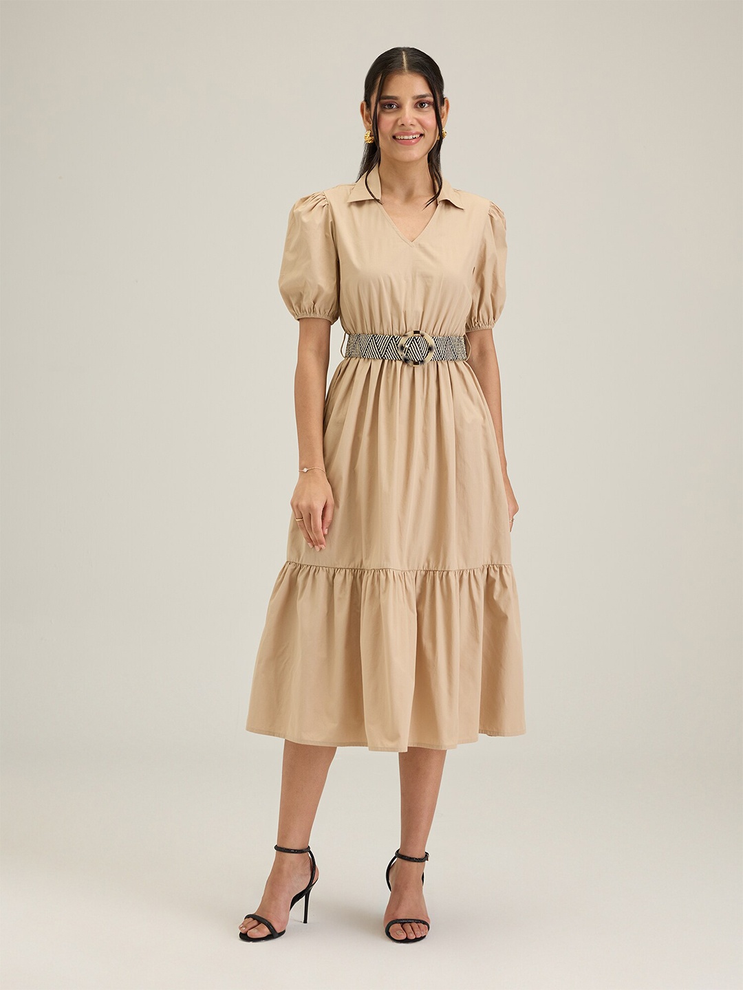 

20Dresses Beige Puff Sleeve Tiered Pure Cotton Fit & Flare Midi Dress