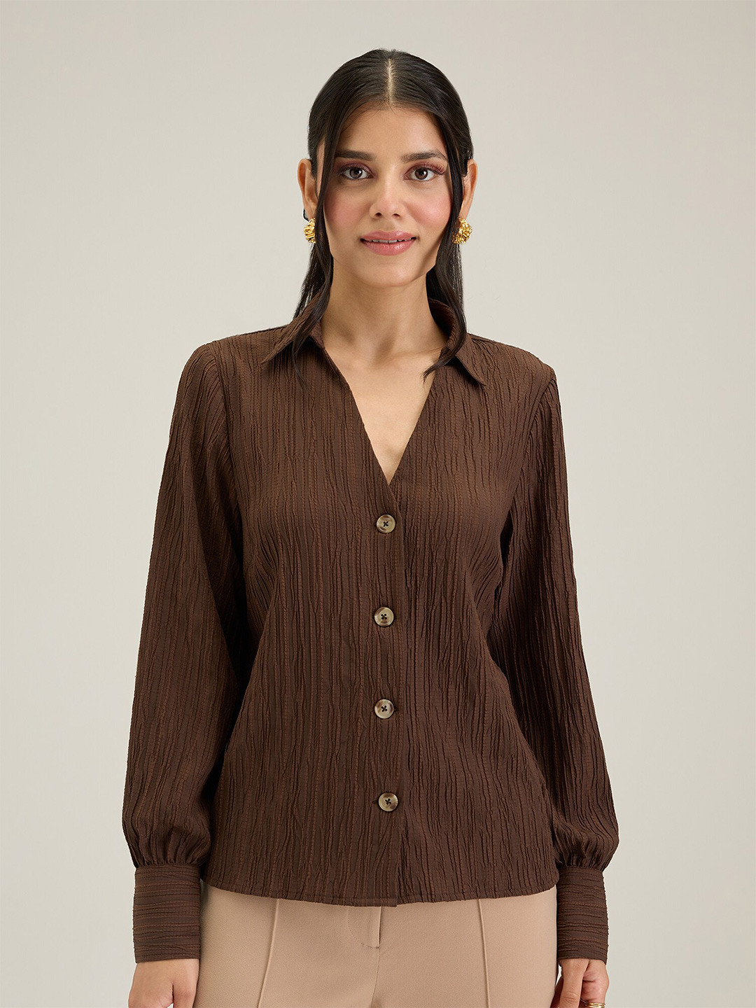 

20Dresses Brown Striped Shirt Style Top