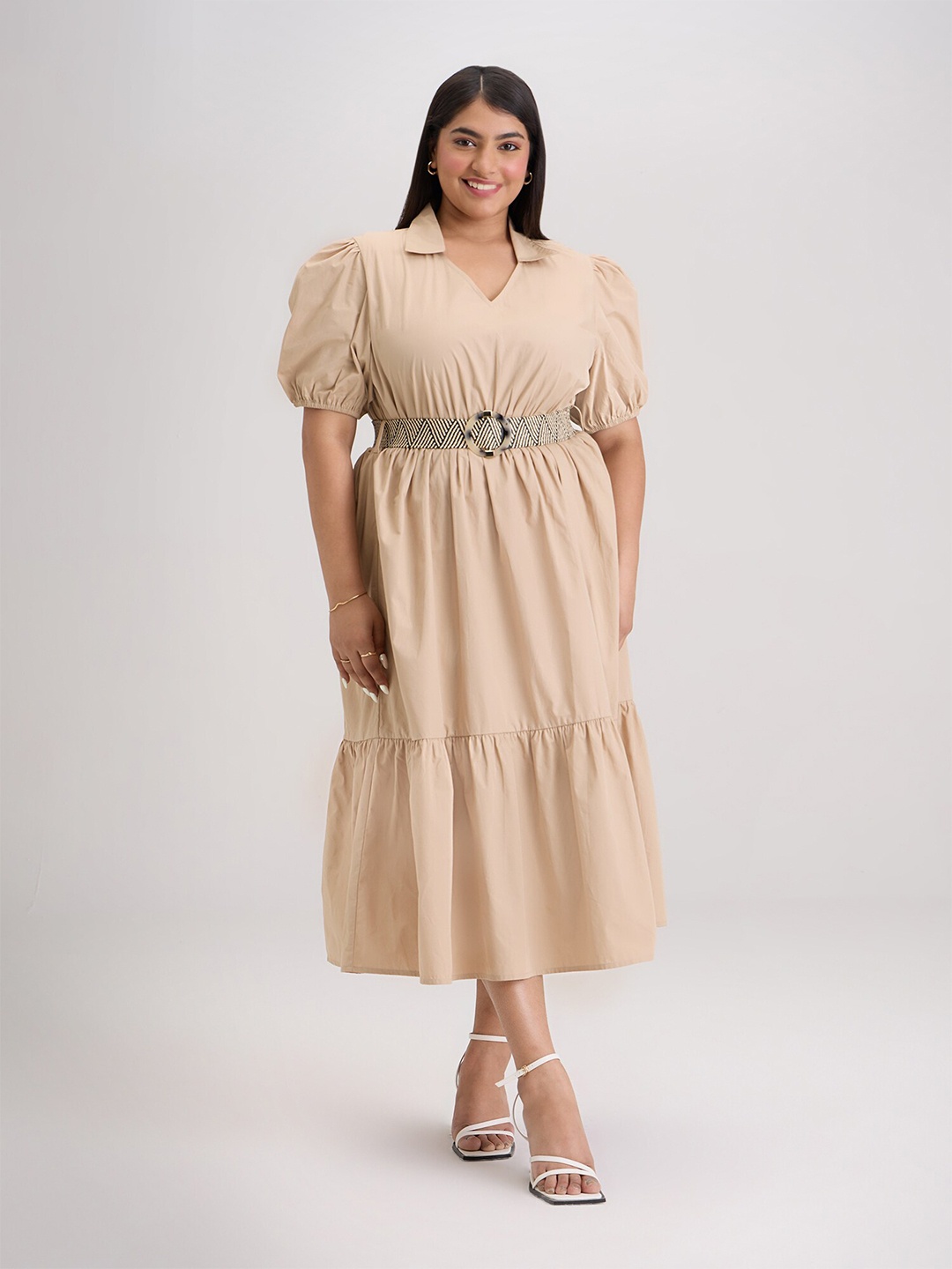 

20Dresses Plus size Beige Puff Sleeve Pure Cotton Fit & Flare Midi Dress