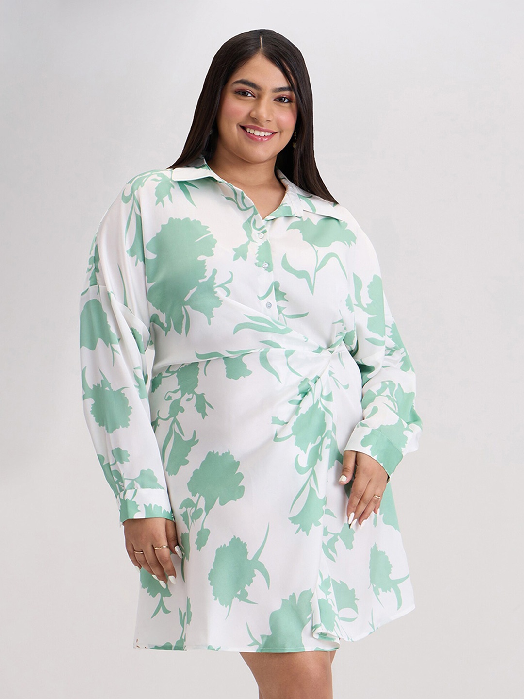 

20Dresses Plus size Sea Green Floral Print Shirt Collar Cuffed Sleeve A-Line Dress