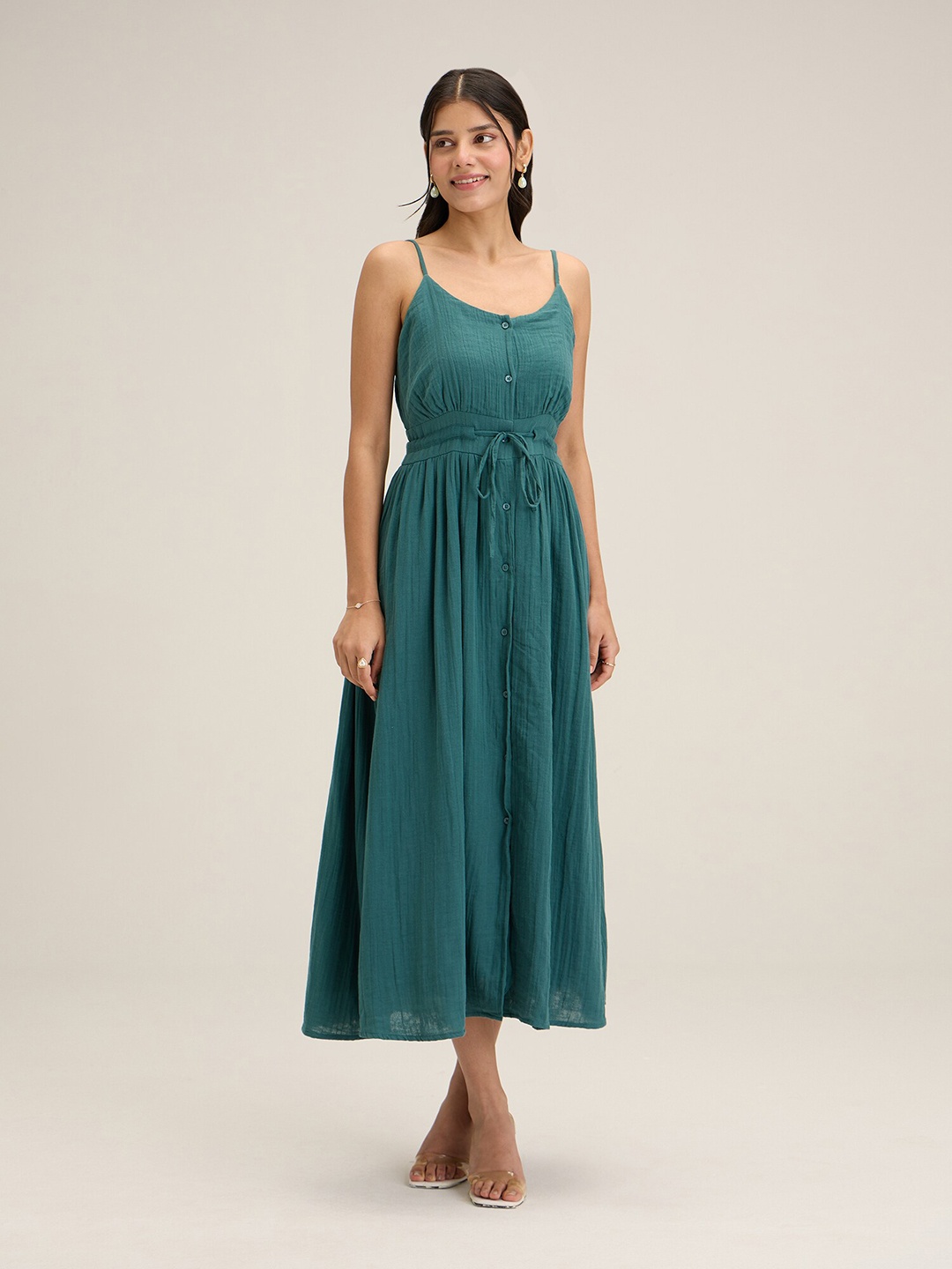 

20Dresses Green Shoulder Straps Cotton Fit & Flare Midi Dress
