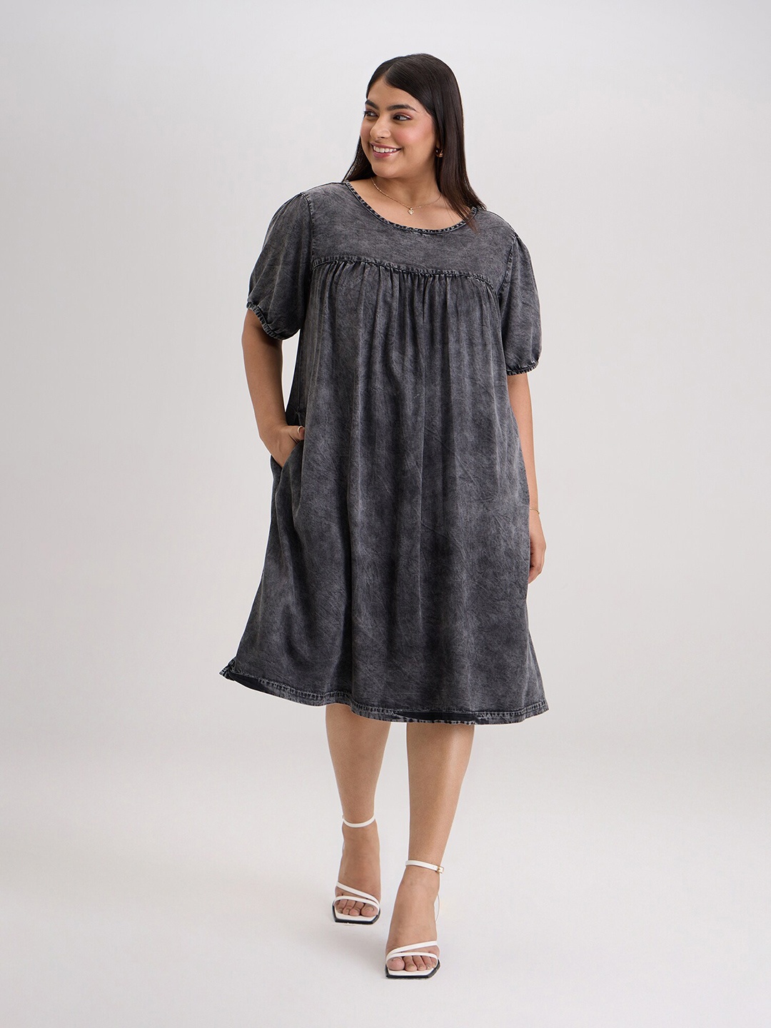 

20Dresses Plus size Grey Round Neck Puff Sleeve A-Line Dress