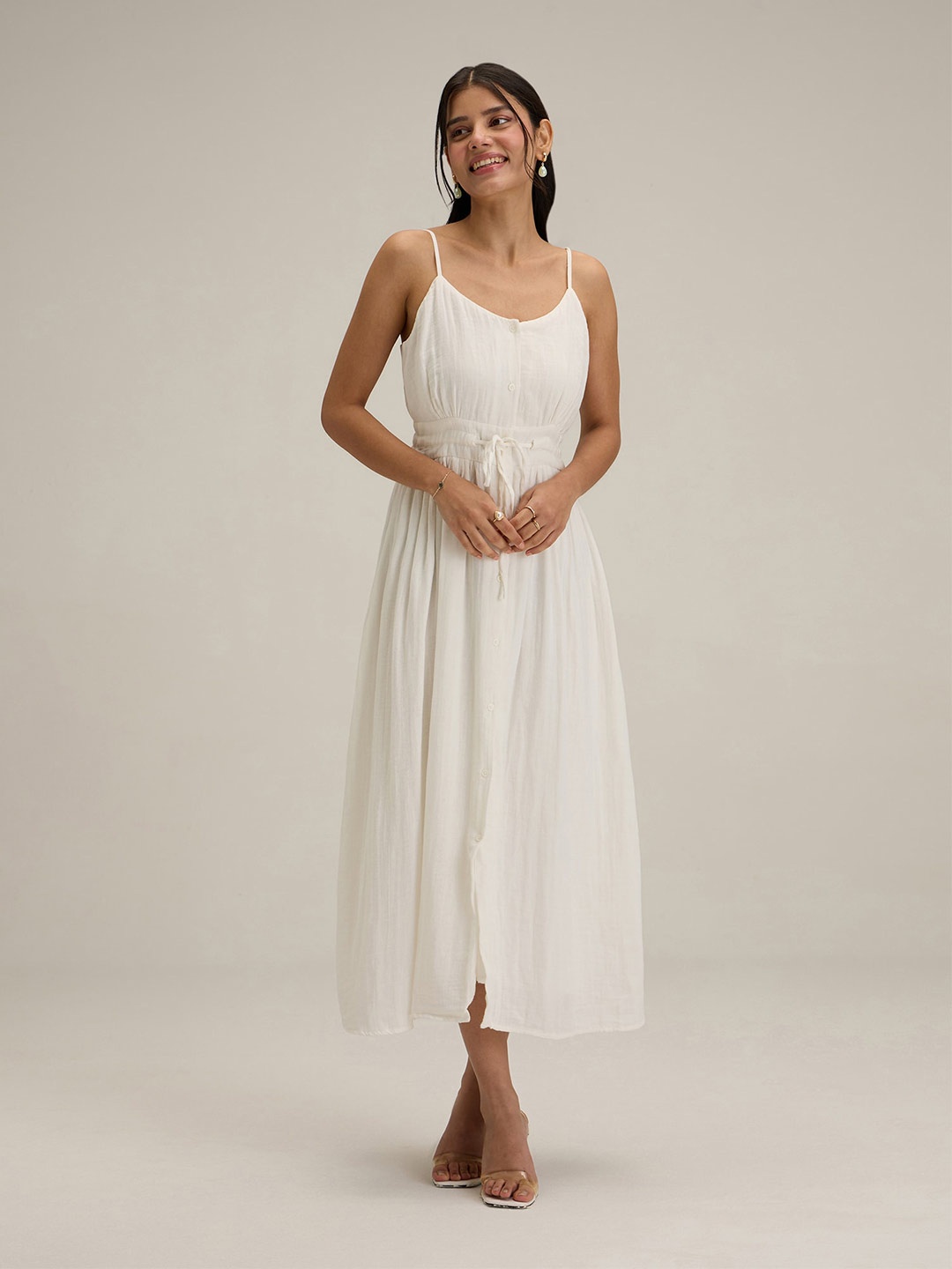 

20Dresses White Shoulder Straps Pure Cotton Fit & Flare Midi Dress