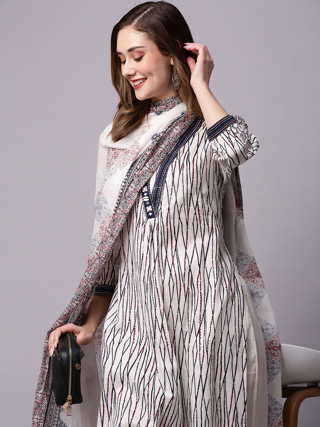 

INDYES Abstract Printed Pure Cotton Kurta & Trousers With Dupatta, White