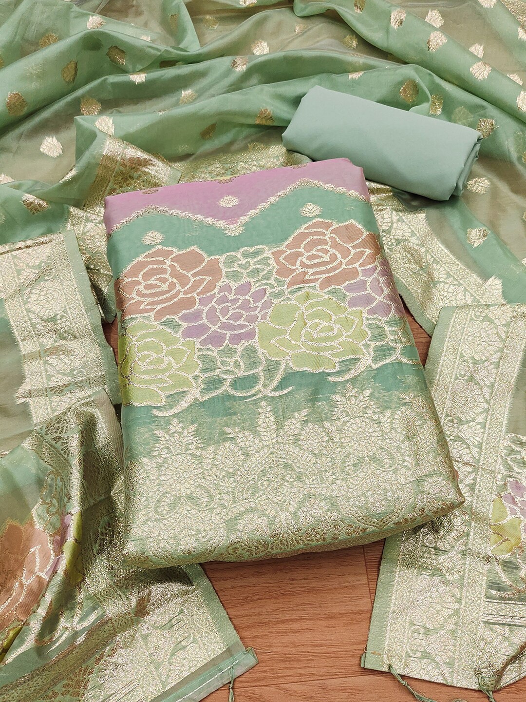 

JATRIQQ Floral Woven Design Unstitched Dress Material, Sea green