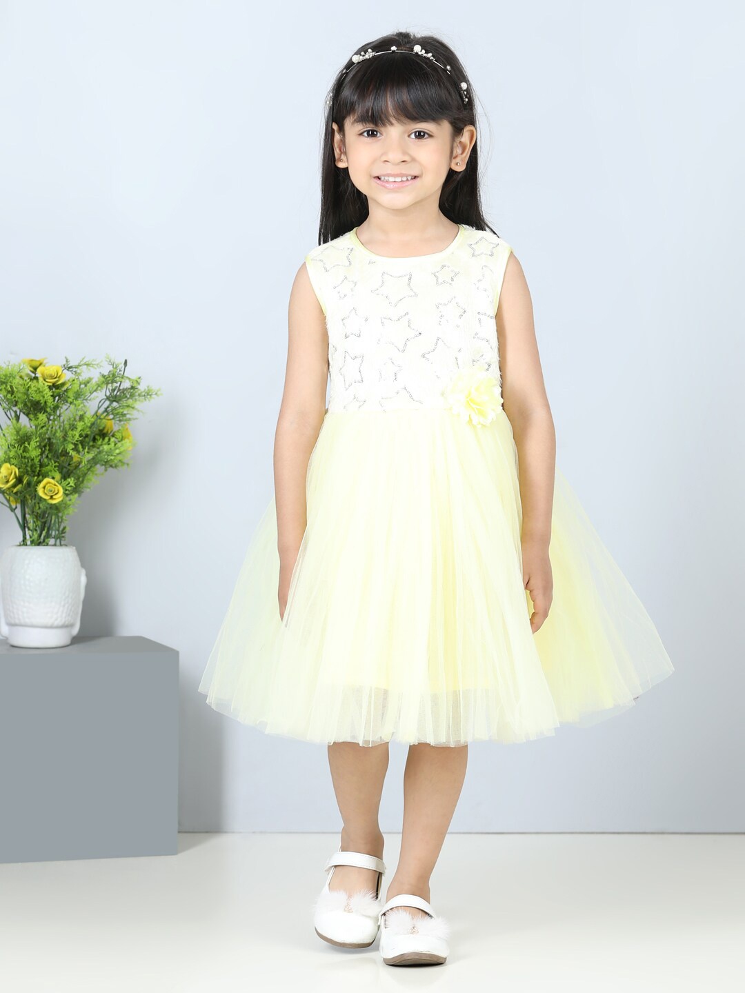 

Toy Balloon kids Girls Net Embellished Fit & Flare Dress, Yellow