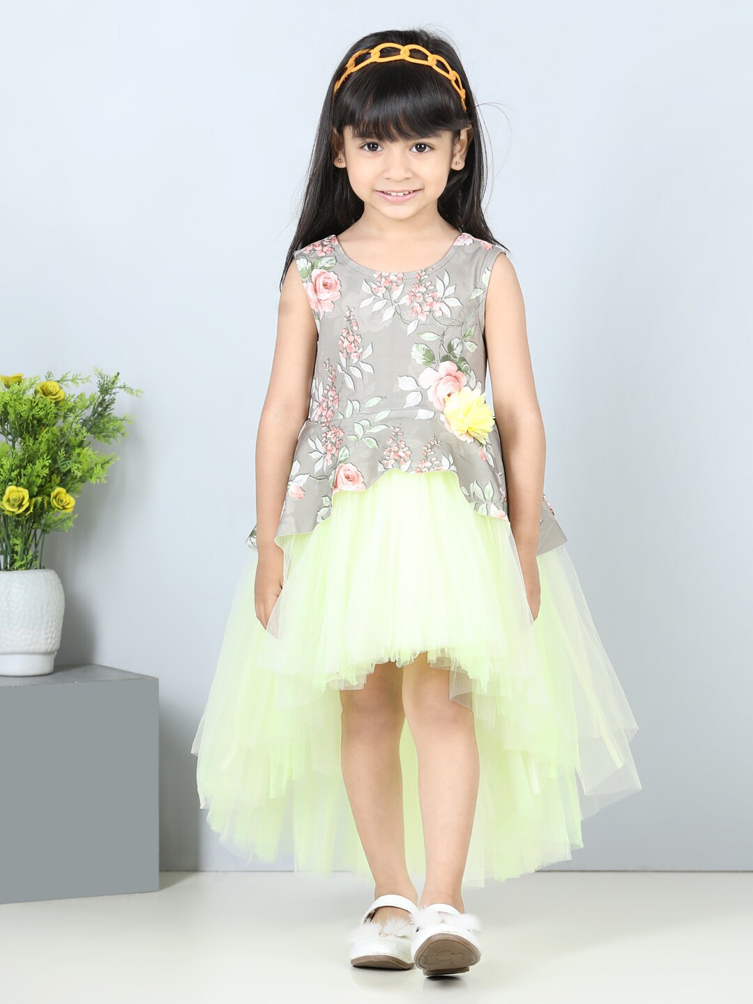 

Toy Balloon kids Girls Net Floral Printed Fit & Flare Dress, Yellow
